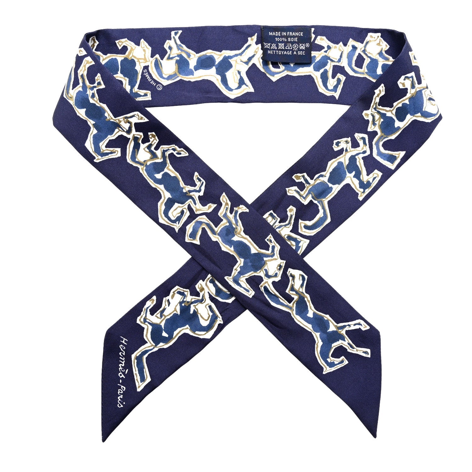 Silk Chevaux En Liberte Twilly Marine Indigo Blanc