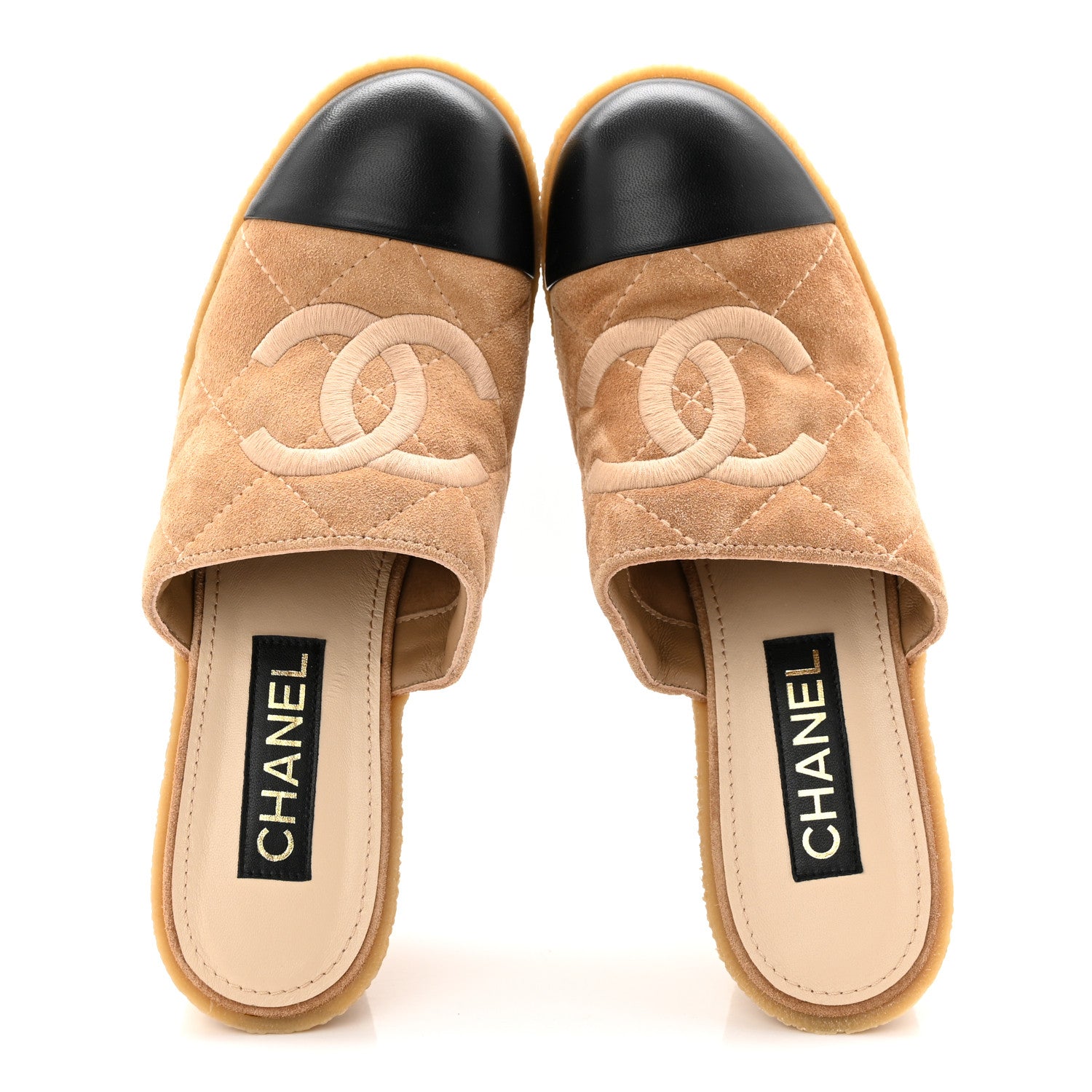 Suede Calfskin Lambskin Quilted CC Mules 40 Beige Black