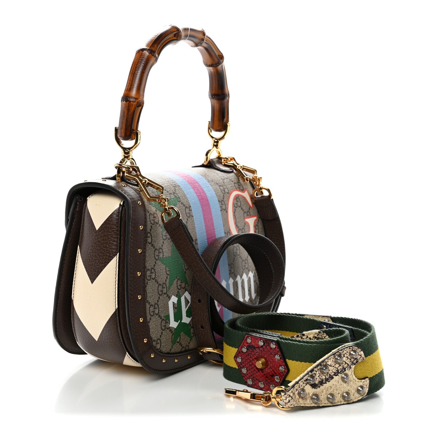 GG Supreme Monogram Studded Calfskin Centum Medium Bamboo 1947 Top Handle Bag Beige Ebony Multicolor