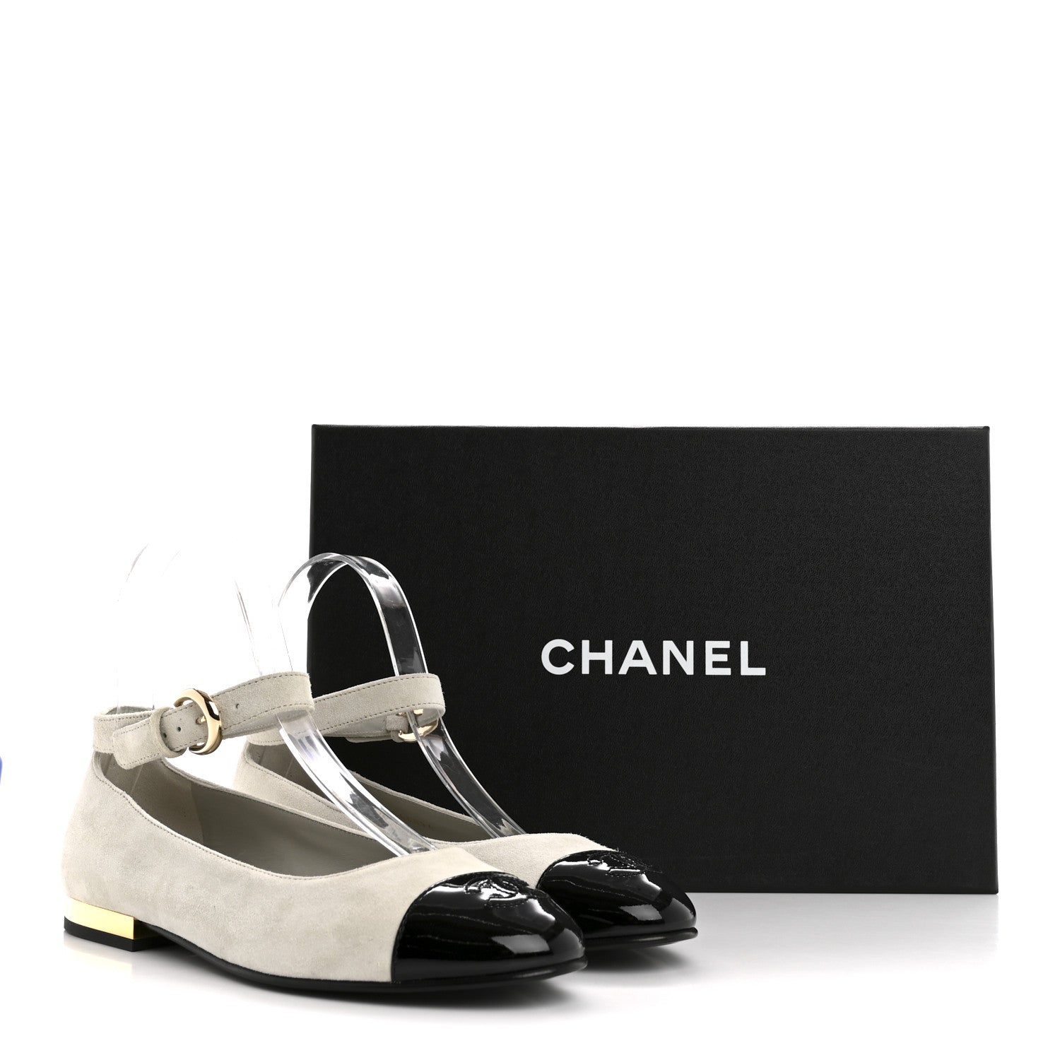 Suede Calfskin Patent Calfskin Cap Toe CC Mary Jane Flats 36.5 Light Gray Black