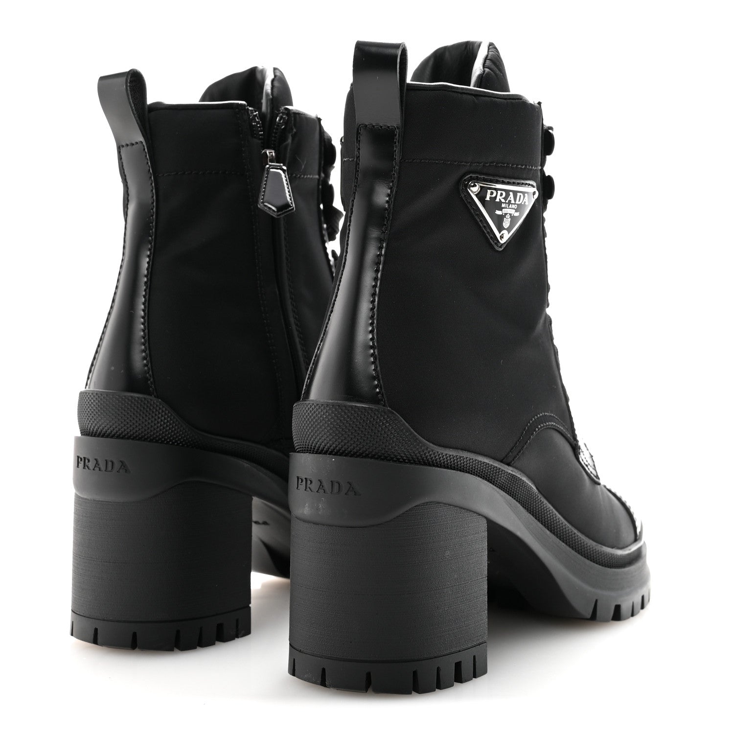 Spazzolato Re-Nylon Metal Triangle Logo Lace Up 85mm Ankle Boots 39 Black