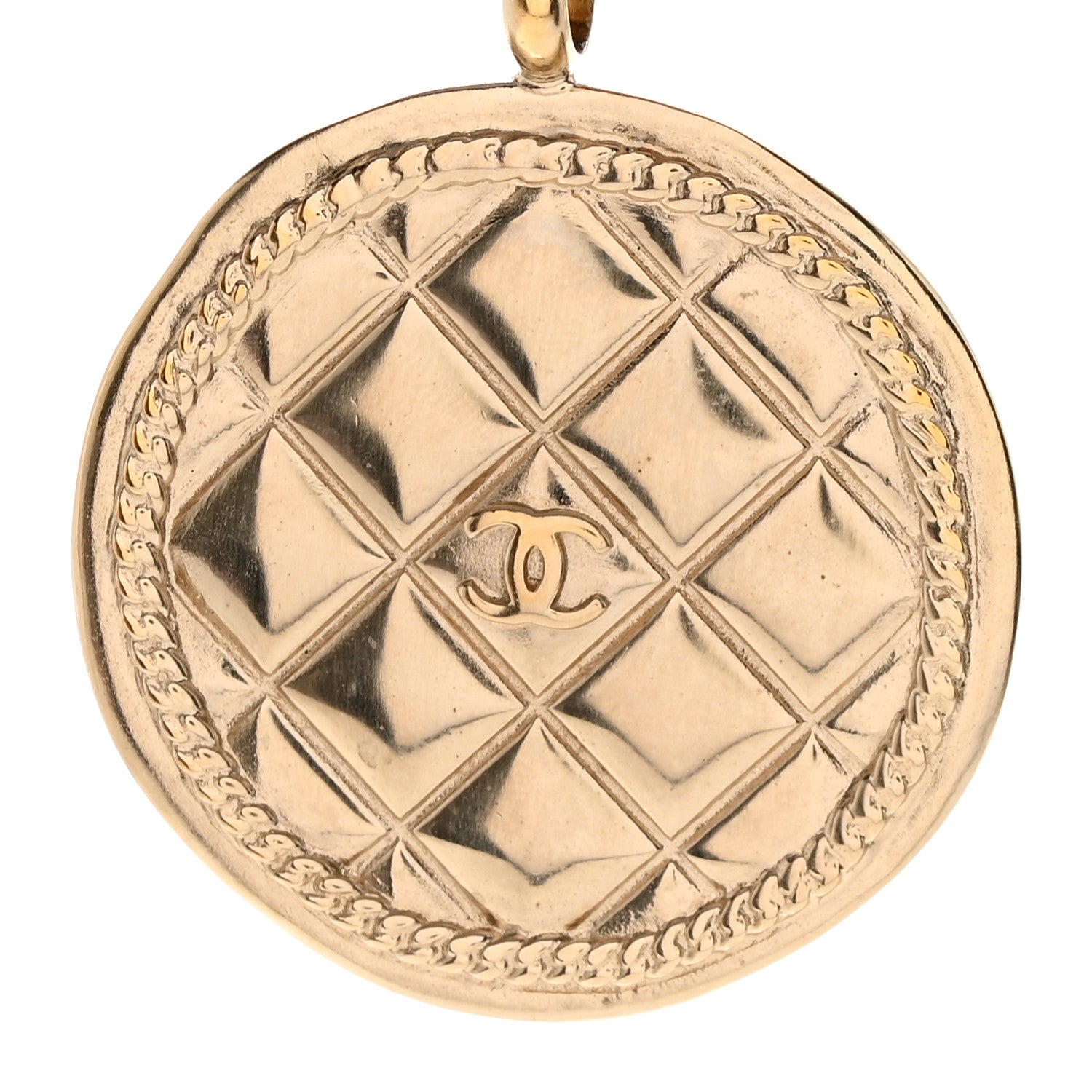 Quilted CC Pendant Chain Necklace Light Gold