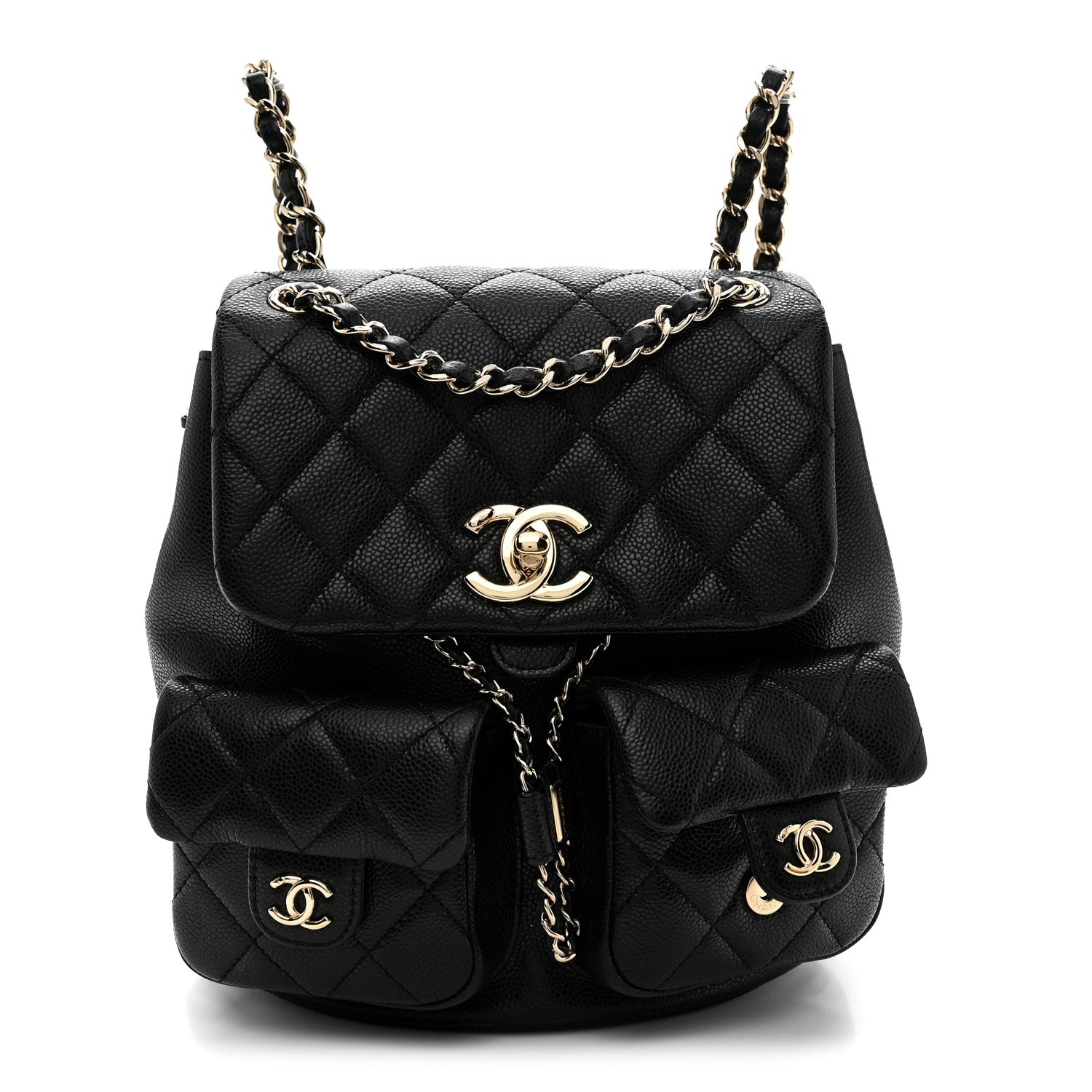 Shiny Caviar Quilted Medium Duma Pockets Drawstring Backpack Black