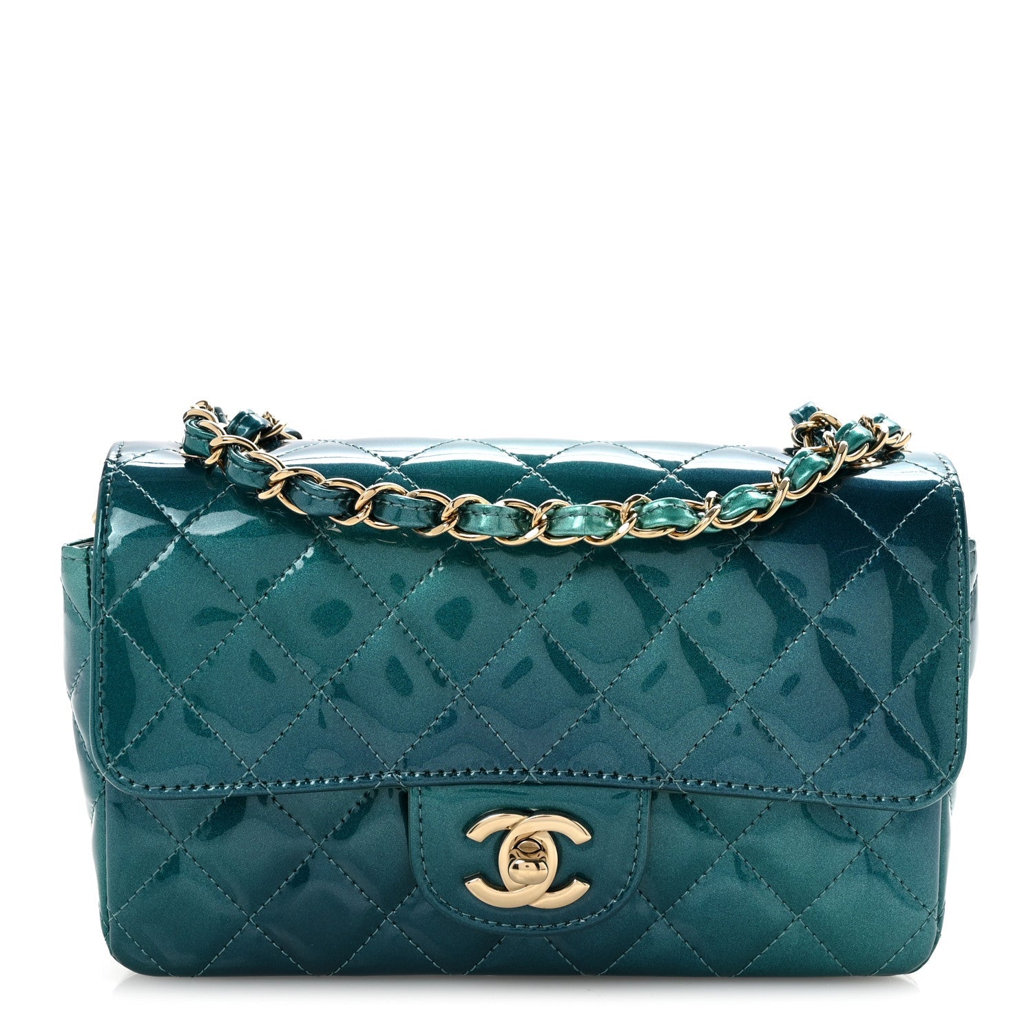 Shaded Patent Calfskin Quilted Mini Rectangular Flap Green Blue