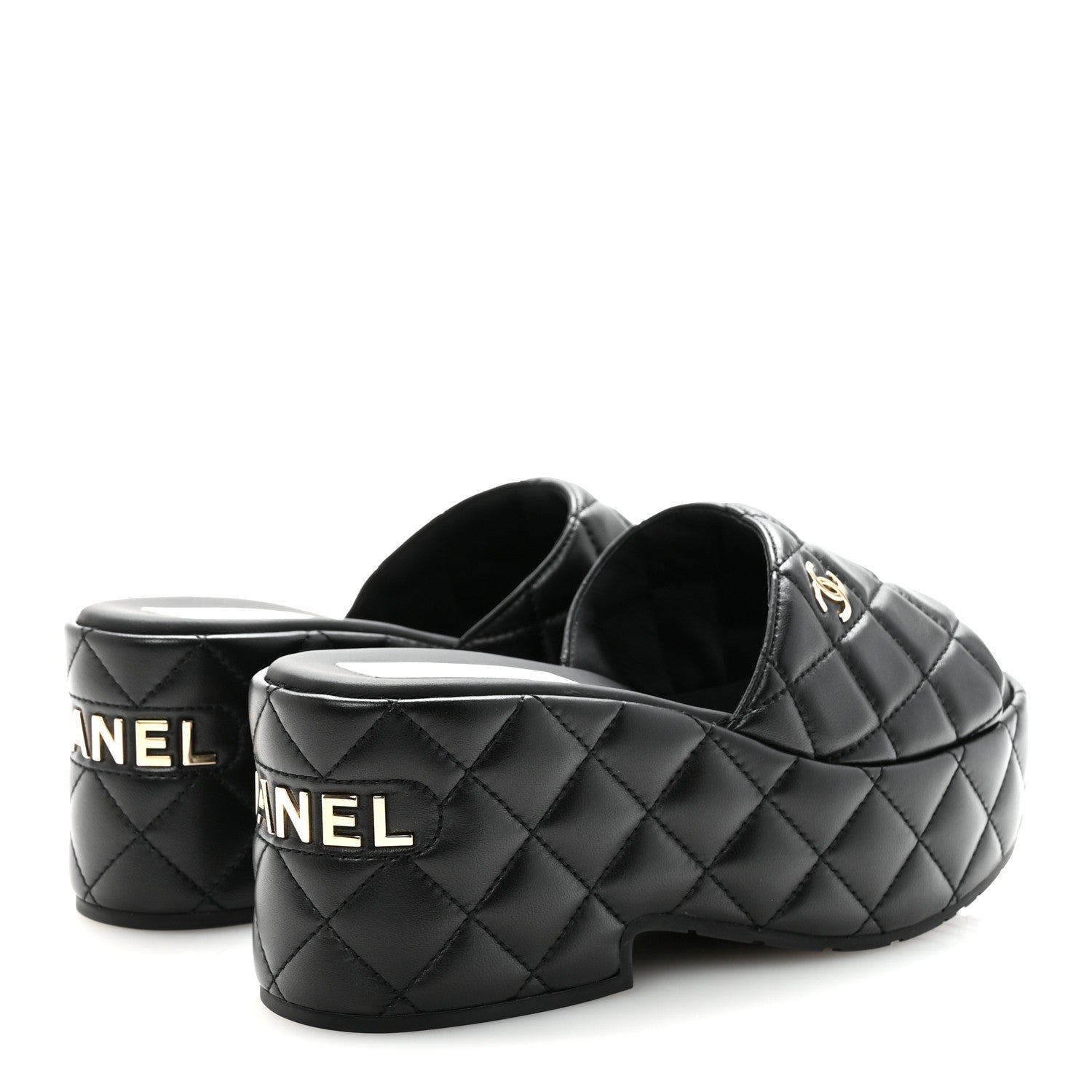 Lambskin Quilted CC Mules Wedge Sandals 39 Black