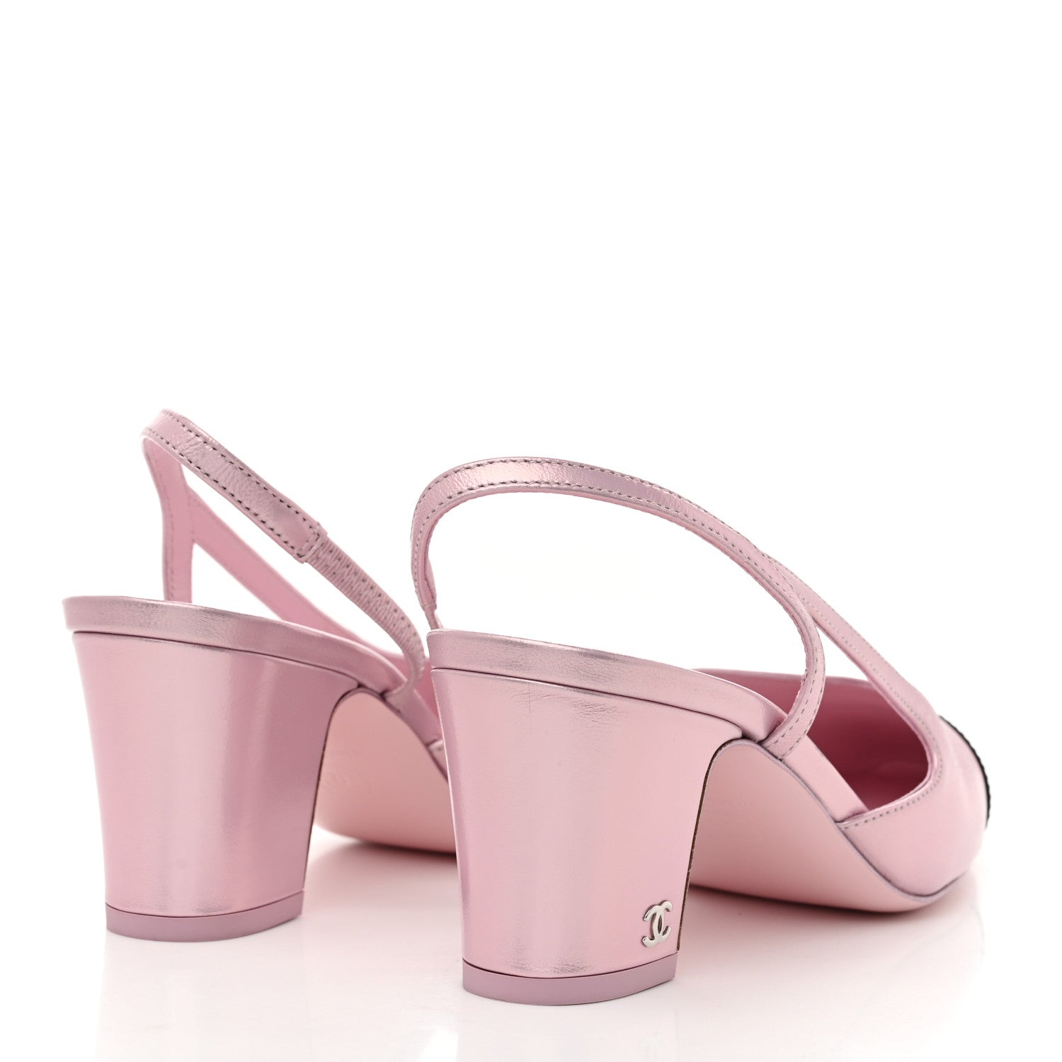 Laminated Lambskin Patent Cap Toe CC Slingback Pumps 37 Light Pink Black