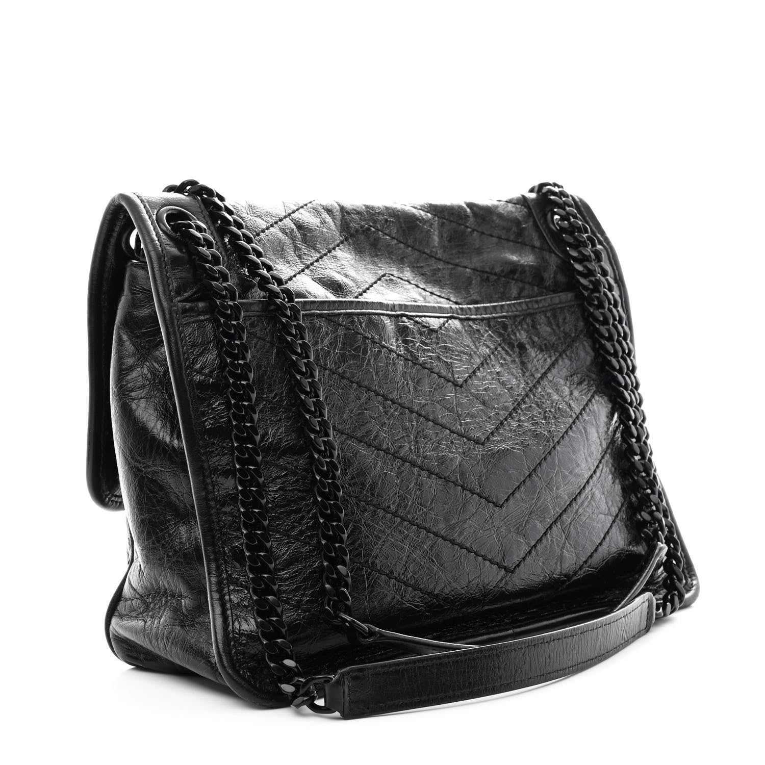 Crinkled Calfskin Matelasse Monogram Medium Niki Chain Satchel Black