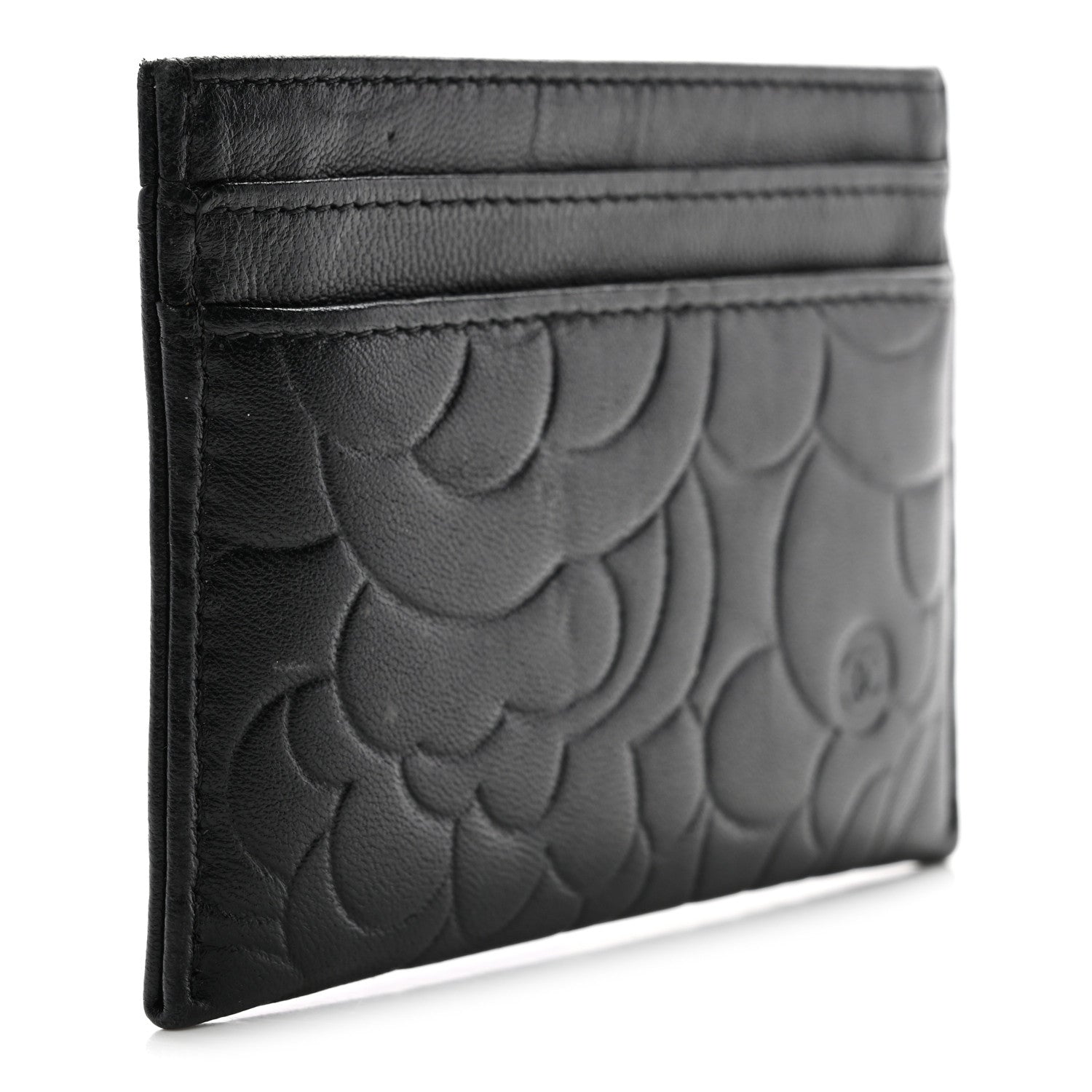 Lambskin Camellia Embossed Card Holder Black