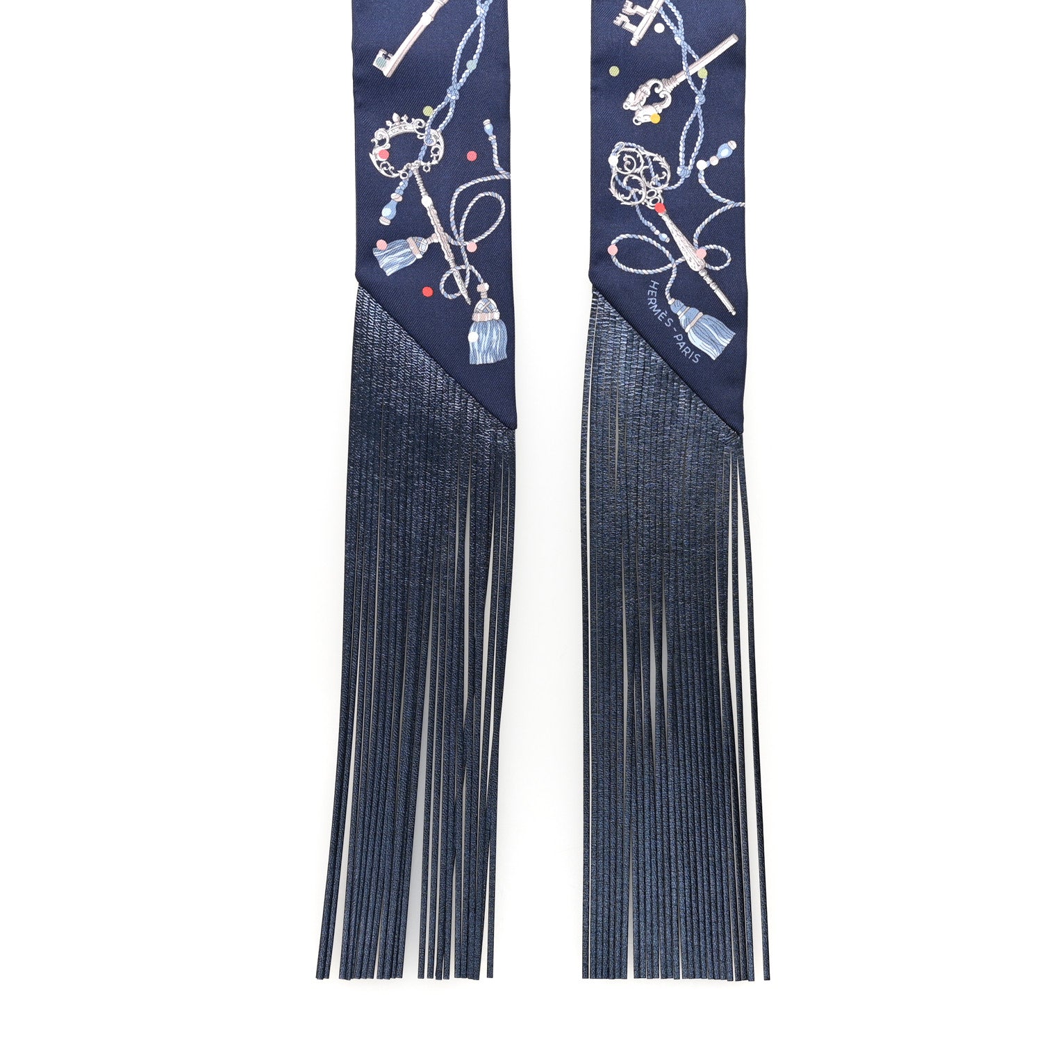 Silk Metallic Agneau Les Cles A Pois Fringed Twilly Bleu Marine Gris Argent Multicolor