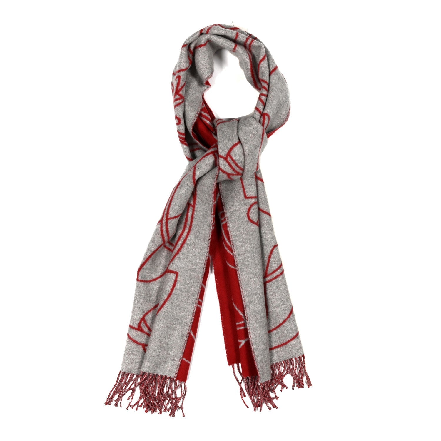 Cashmere Casaque Entrelacs Equestres Muffler Gris Clair Rouge Carmin