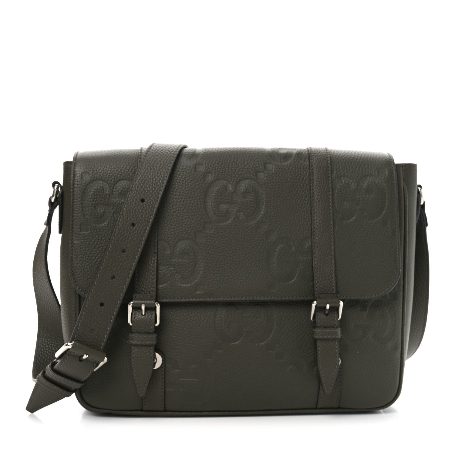 Piuma Calfskin Jumbo GG Embossed Double Buckle Medium Messenger Bag Dark Vintage Olive