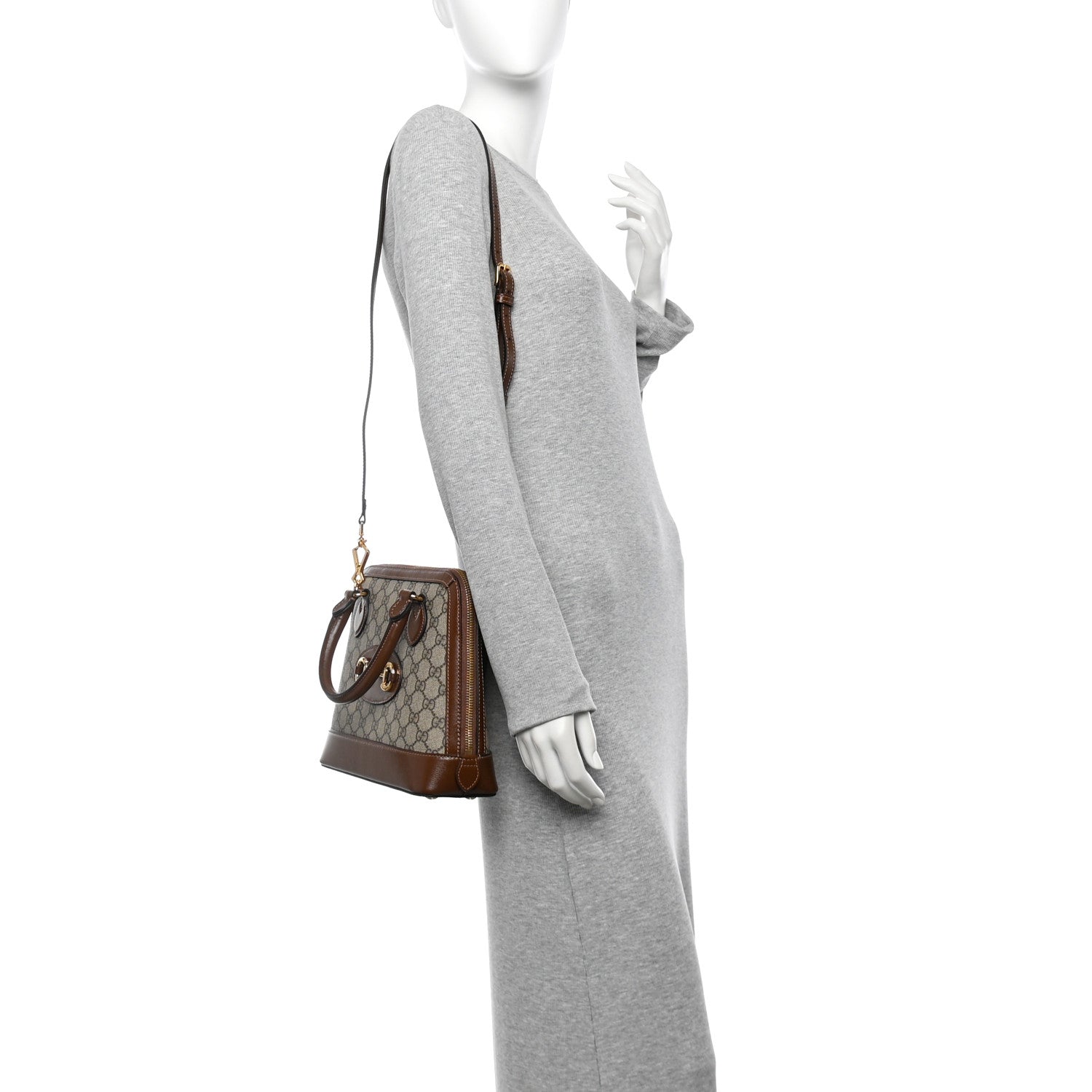 GG Supreme Monogram Azalea Calfskin Small Horsebit 1955 Top Handle Bag Beige Ebony Brown Sugar