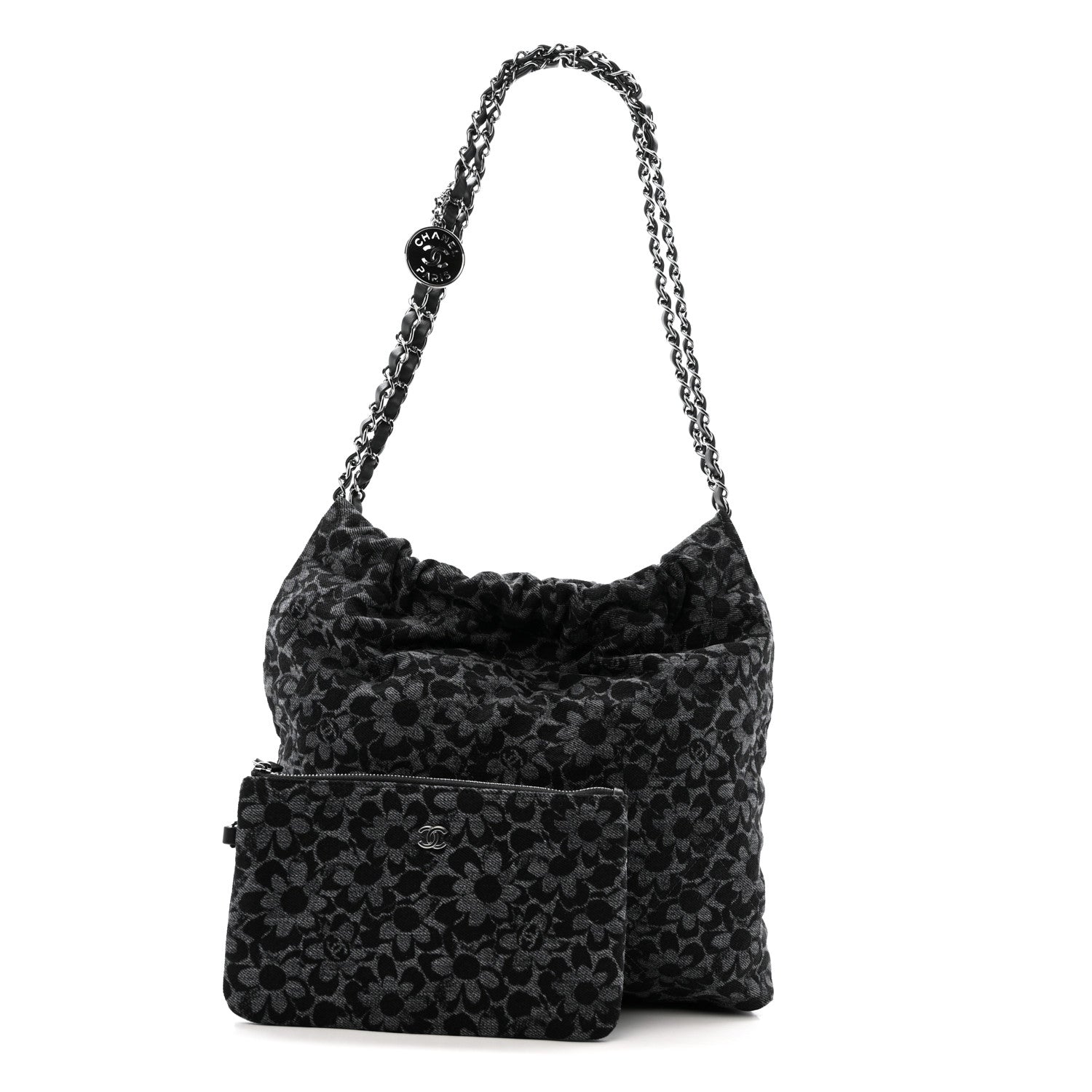 Denim Quilted Floral Print Small Chanel 22 Black