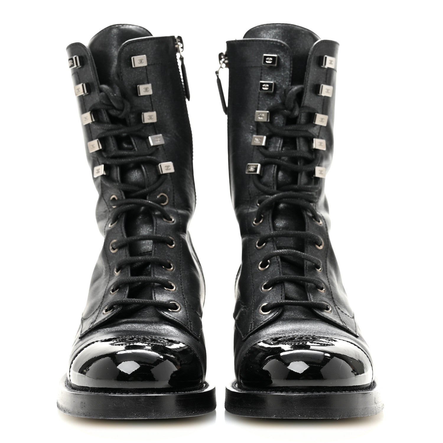 Iridescent Calfskin Patent Cap Toe Lace Up Combat Boots 38 Black