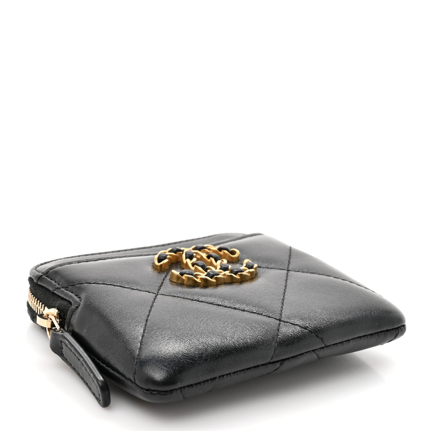 Lambskin Quilted Chanel 19 Zip Card Holder Wallet Black
