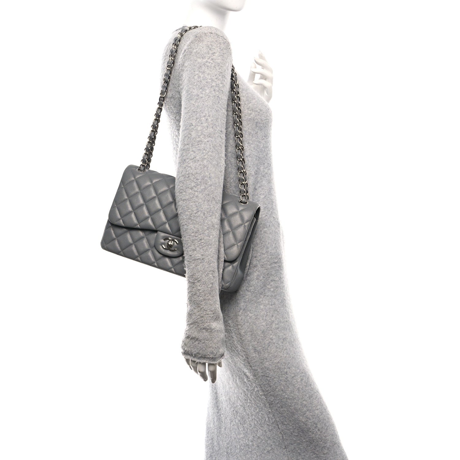 Caviar Quilted Jumbo Double Flap Dark Grey