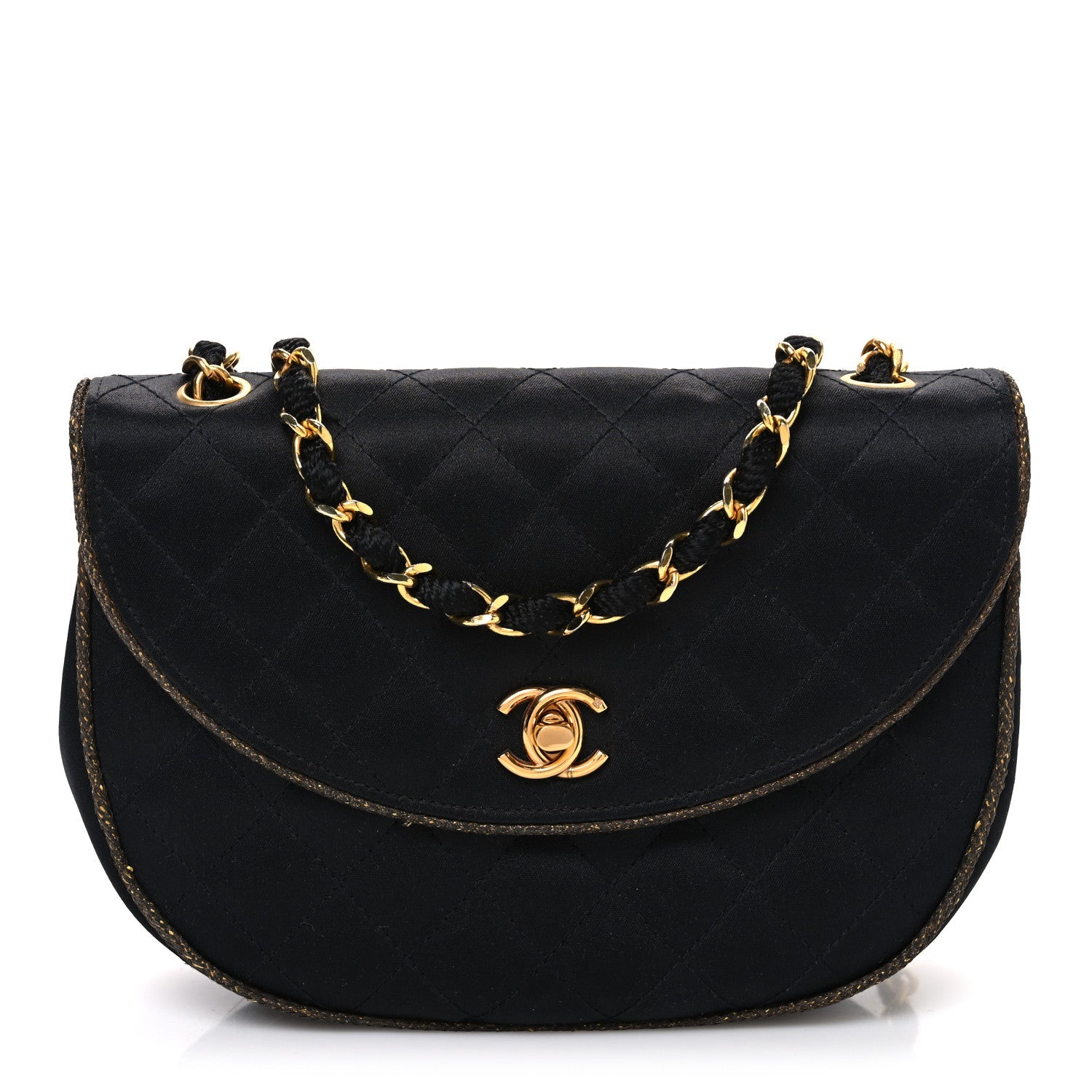 Satin Quilted Flap Shoulder Bag Black Gold