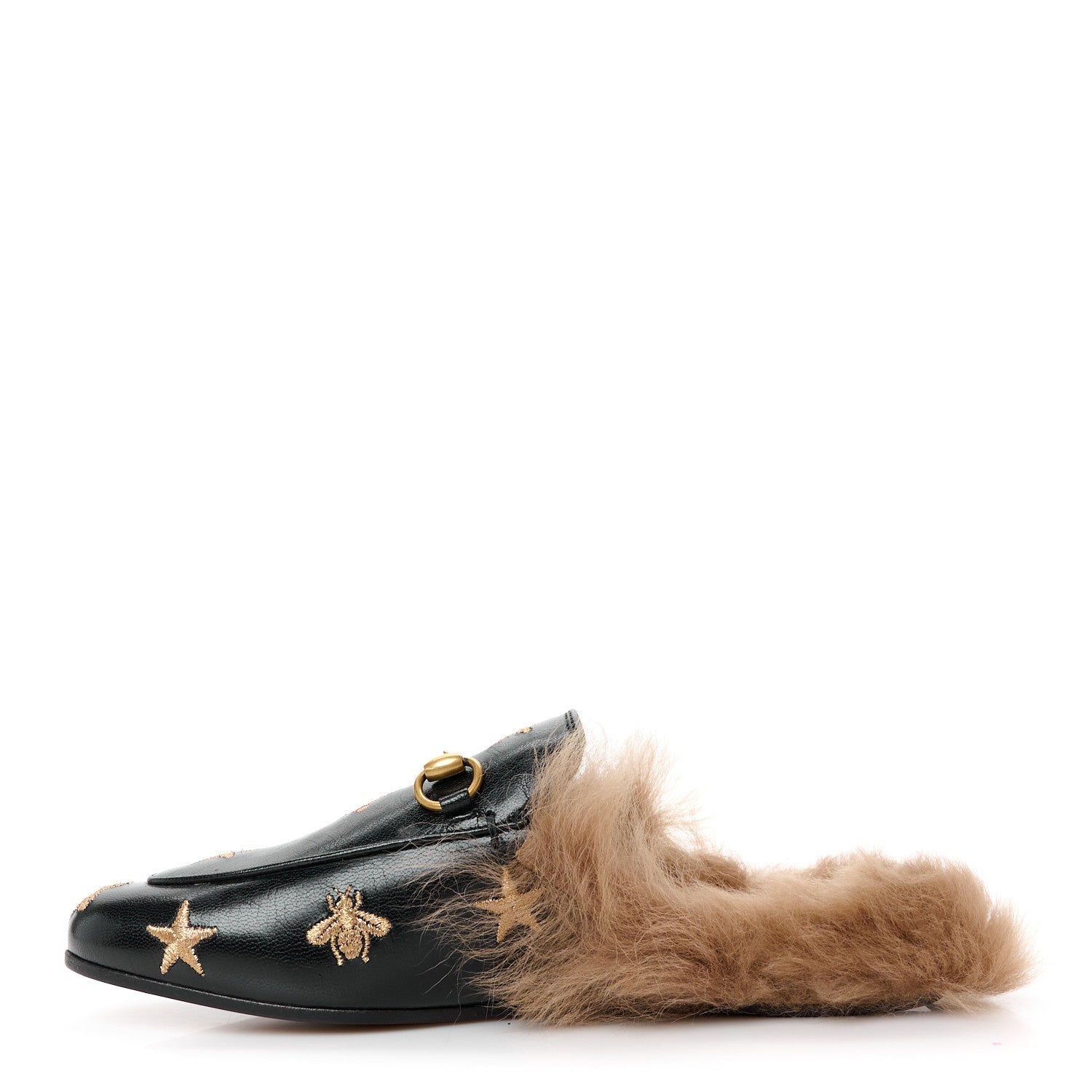Goatskin Fur Bee Star Embroidered Womens Princetown Slippers 35.5 Black