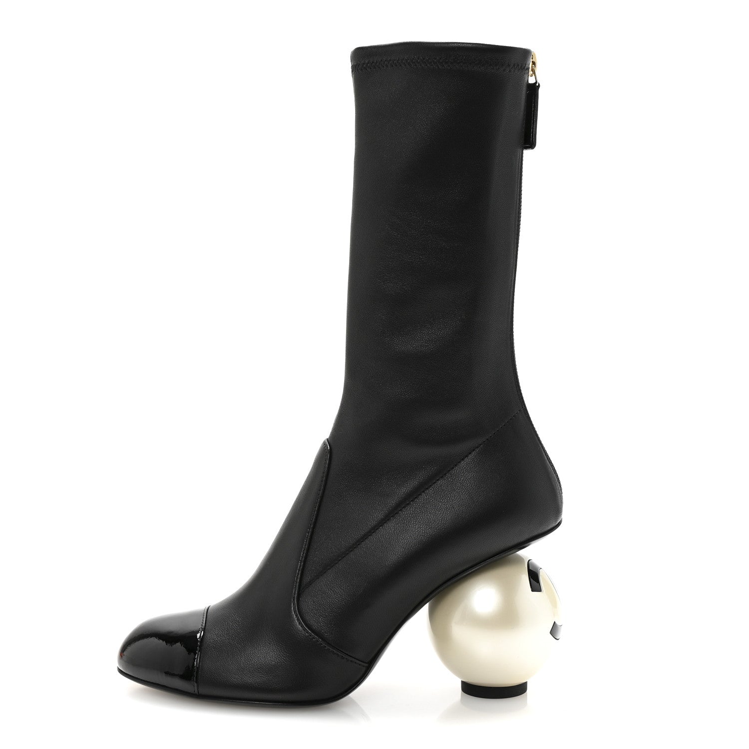 Stretch Lambskin Patent Cap Toe Pearl Ball Mid Calf Boots 35 Black
