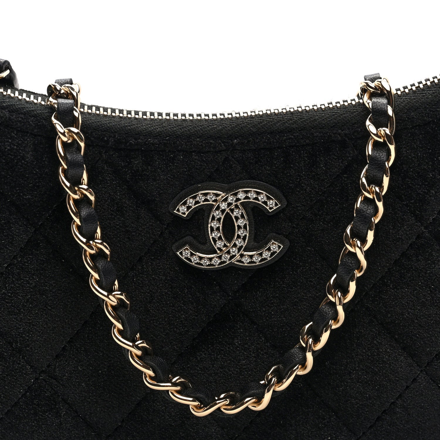 Velvet Crystal Quilted Chain Hobo Black