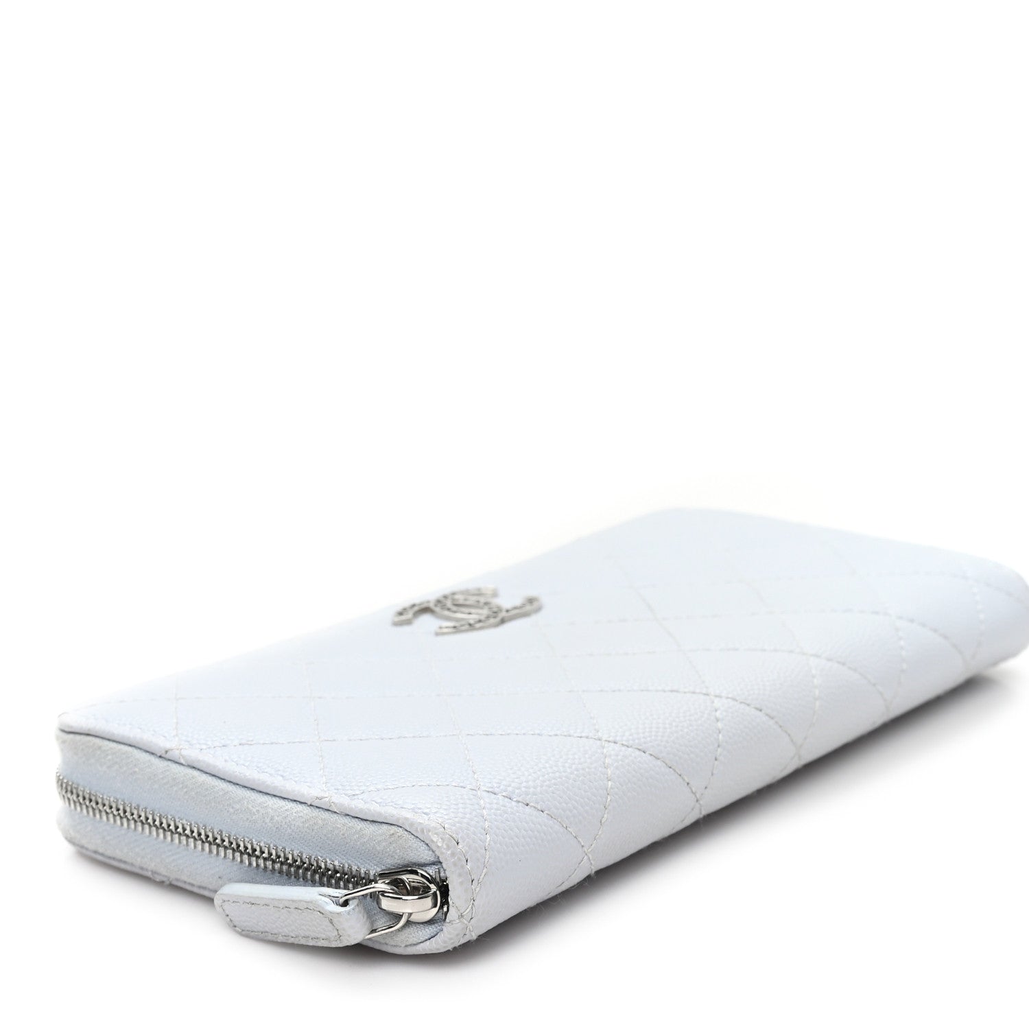Caviar Quilted Coco Chanel Logo CC Large Gusset Zip Around Wallet Light Blue