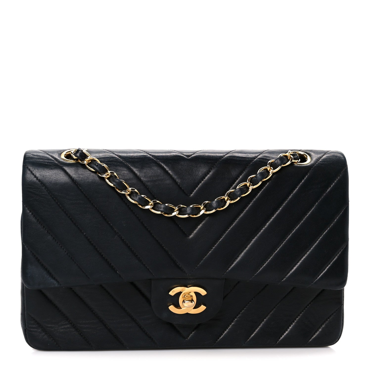 Lambskin Chevron Quilted Medium Double Flap Black
