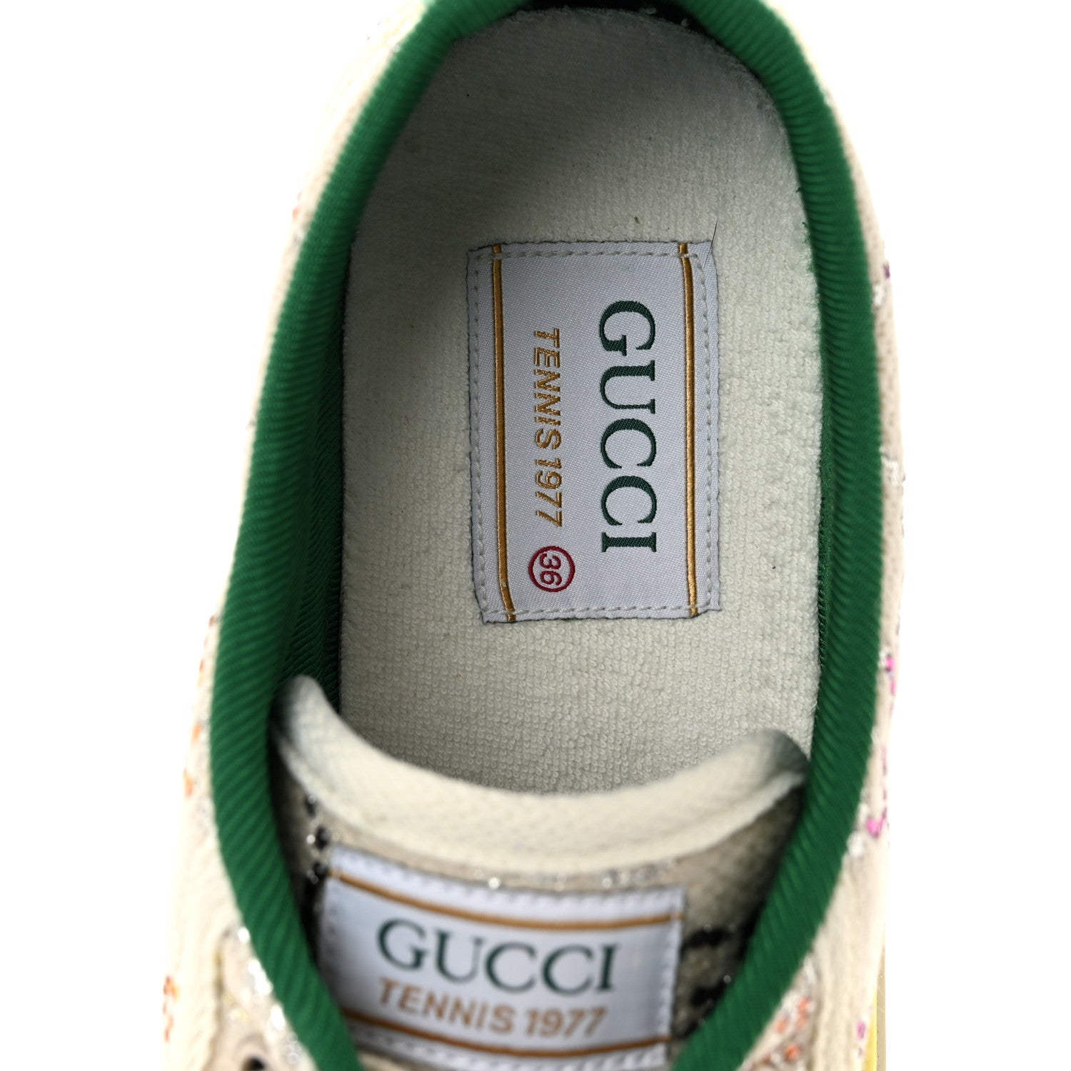 Canvas Lame Crystal GG Monogram Womens 1977 Tennis Sneakers 36 Gardenia Silver Mystic White
