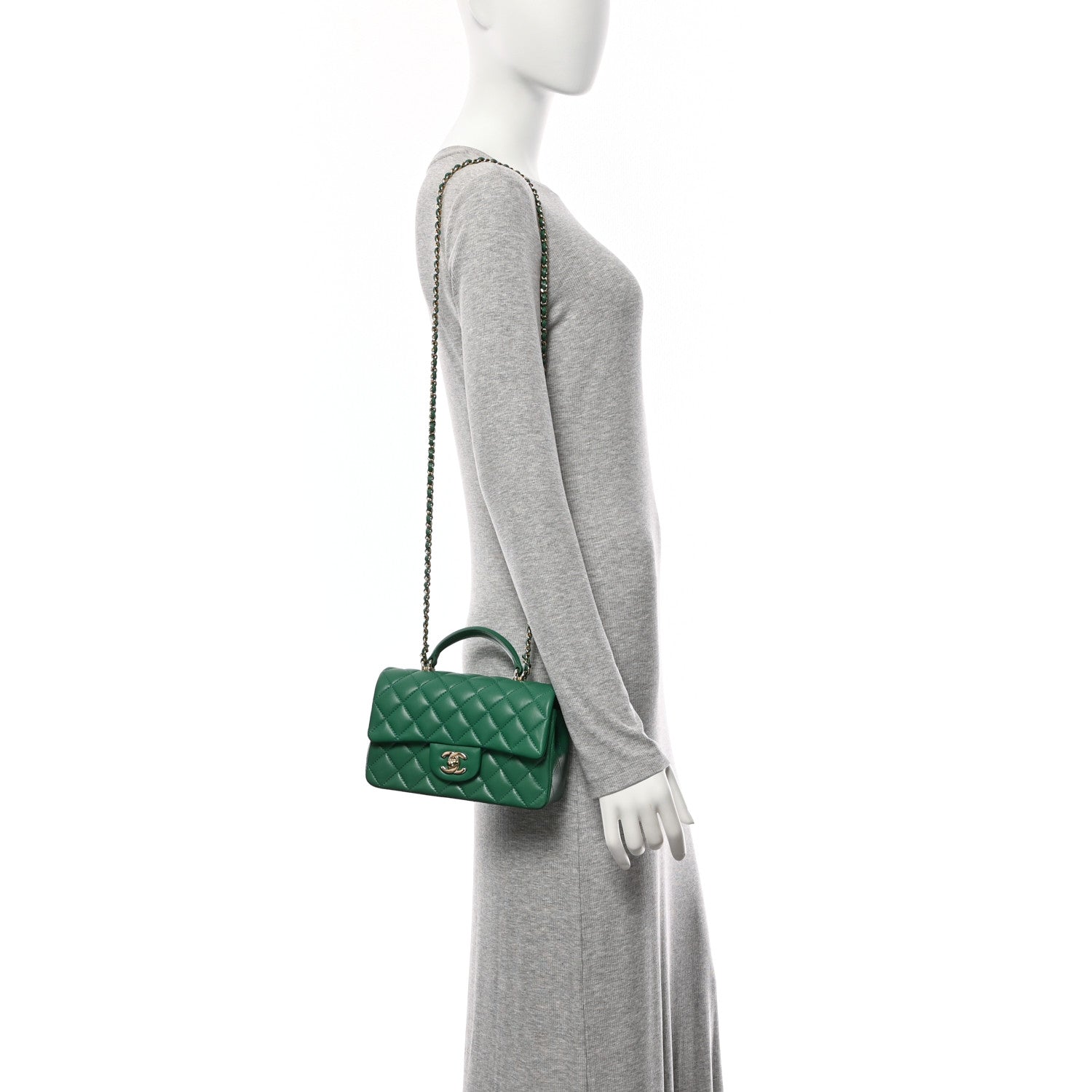 Lambskin Quilted Mini Top Handle Rectangular Flap Green