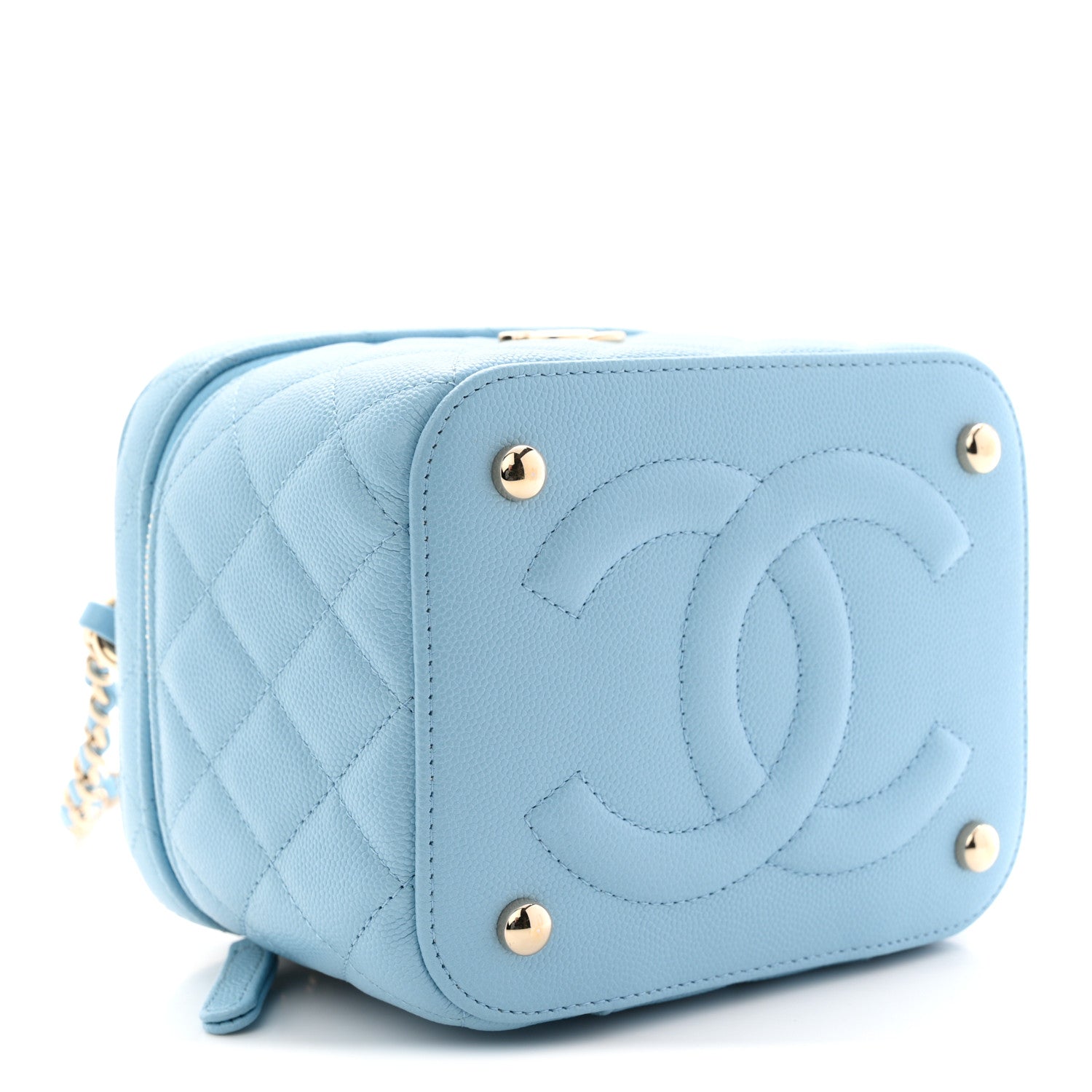 Caviar Quilted Top Handle Vanity Case With Chain Blue