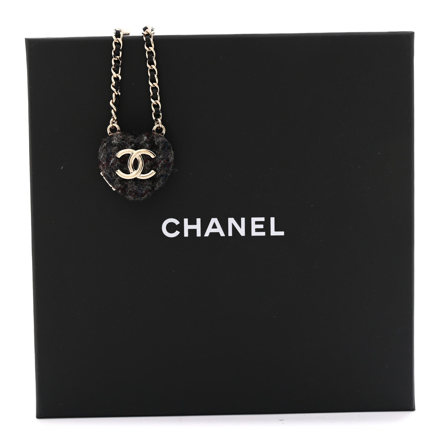 Tweed Lambskin CC Heart Locket Necklace Gold Black Beige