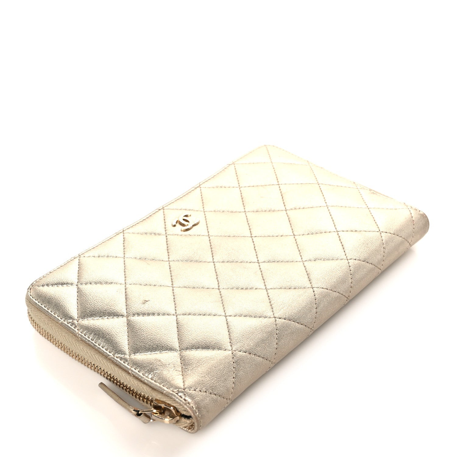 Iridescent Lambskin Quilted Large Zip Around Organizer Wallet Light Gold