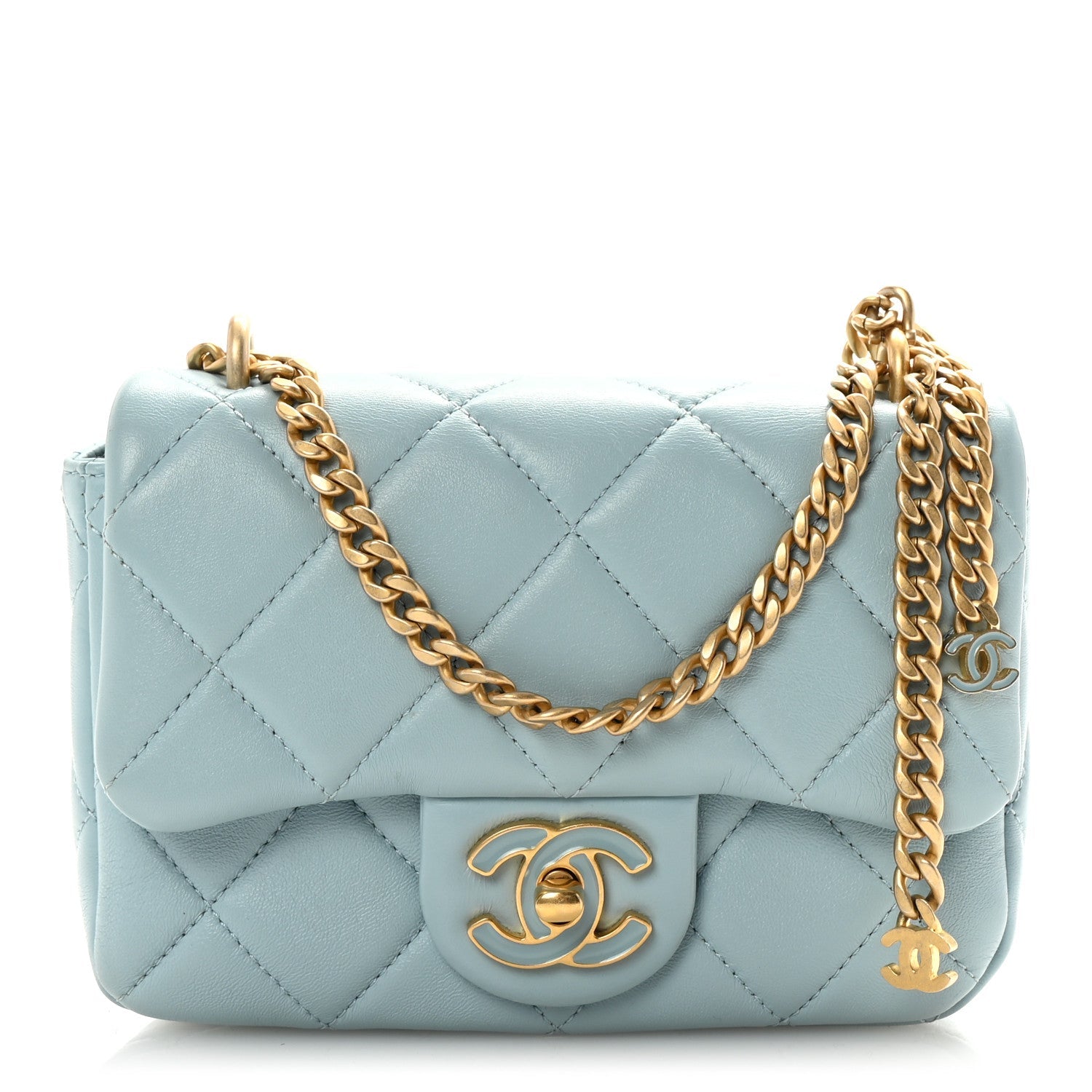 Lambskin Enamel Quilted Mini Pending CC Square Flap Light Blue