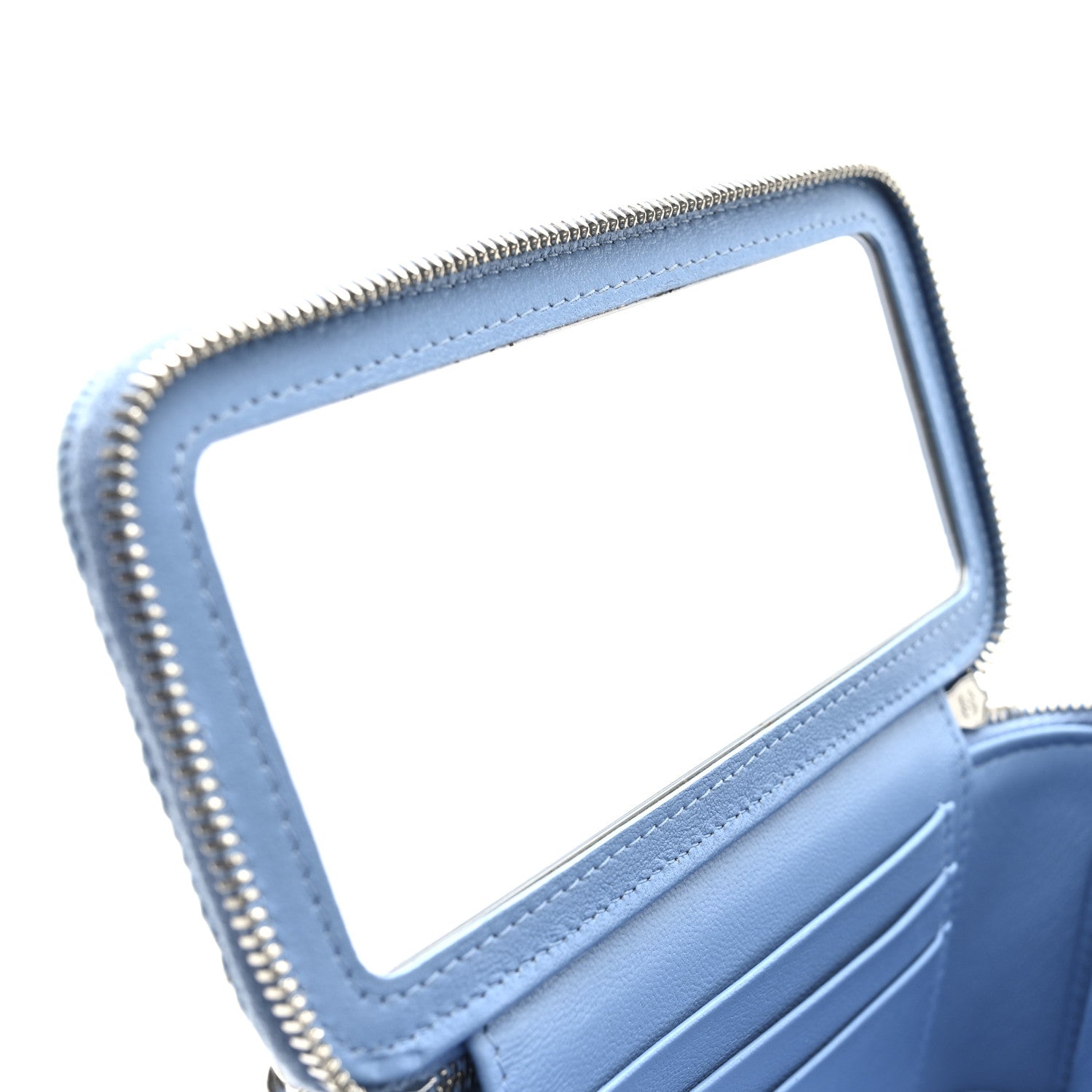Denim Quilted Sweetheart Small Vanity Case With Chain Blue