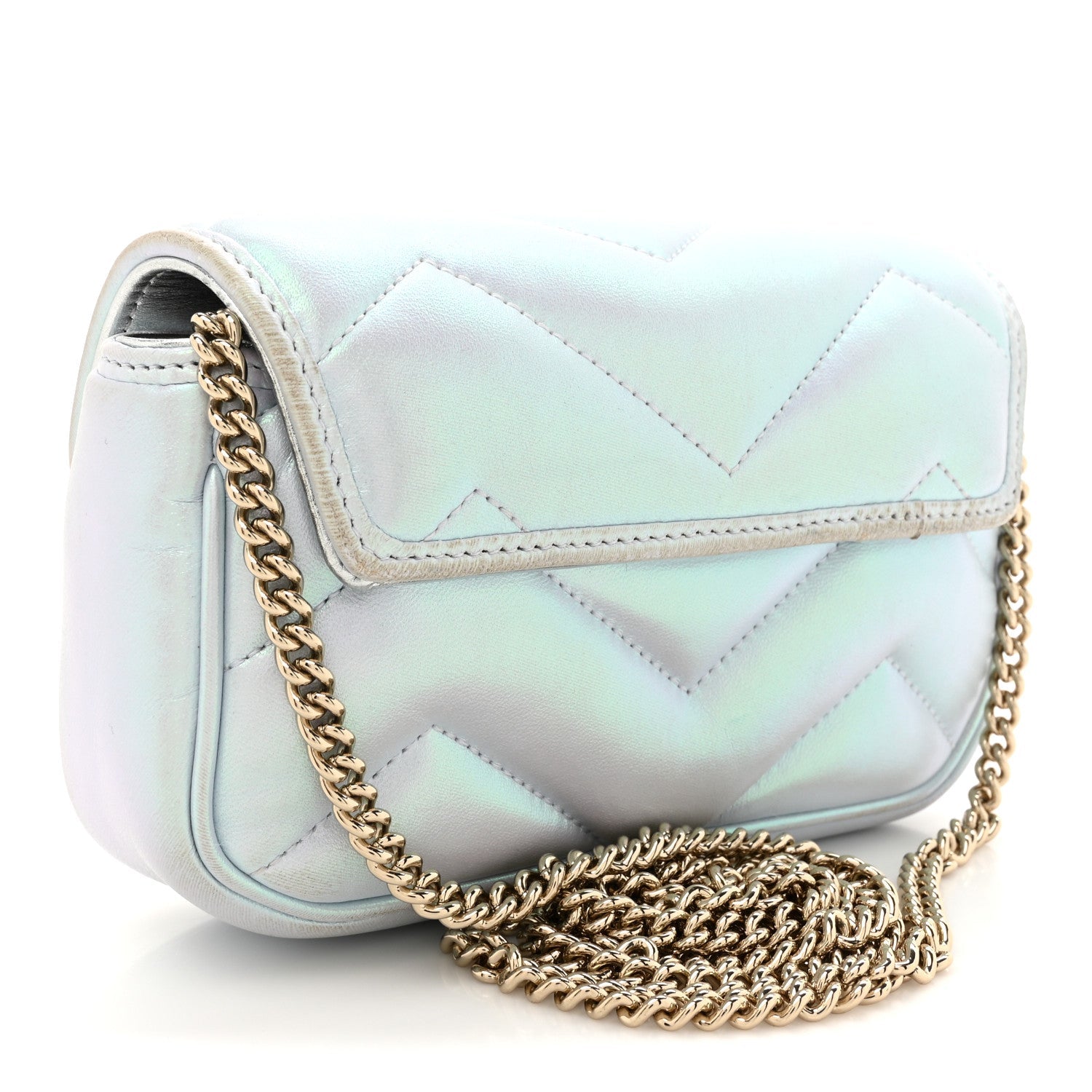 Iridescent Nappa Chevron Matelasse Super Mini GG Marmont Shoulder Bag Iridescent Snow Light Blue
