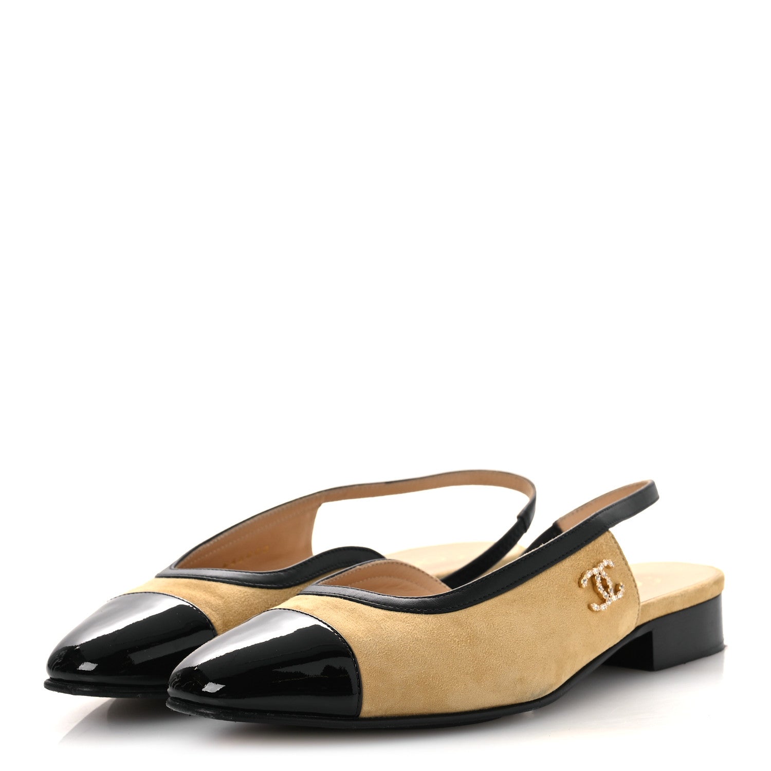 Suede Patent Crystal CC Cap Toe Slingback Flats 37 Beige Black