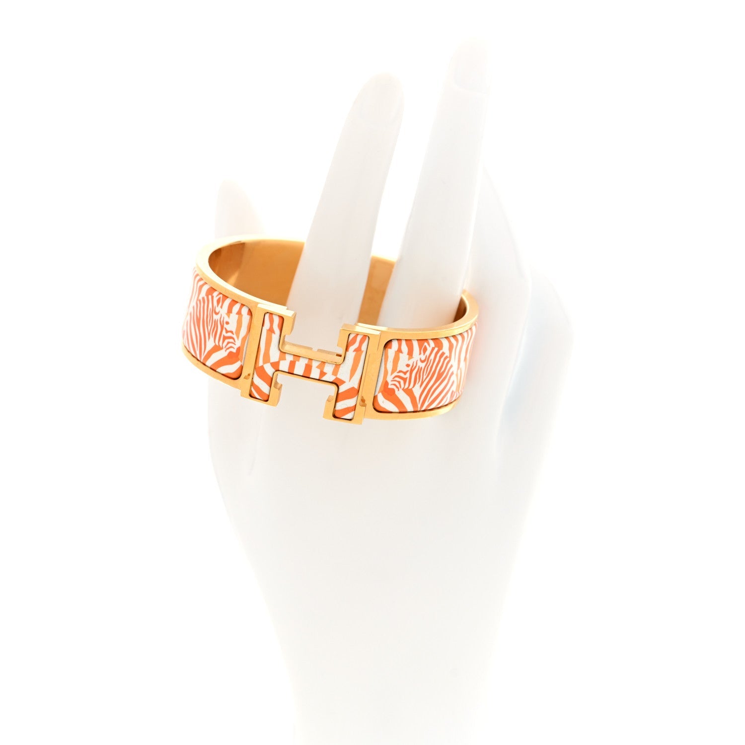 Enamel Printed Wide Zebres De Tanzania Clic Clac H Bracelet PM Orange White