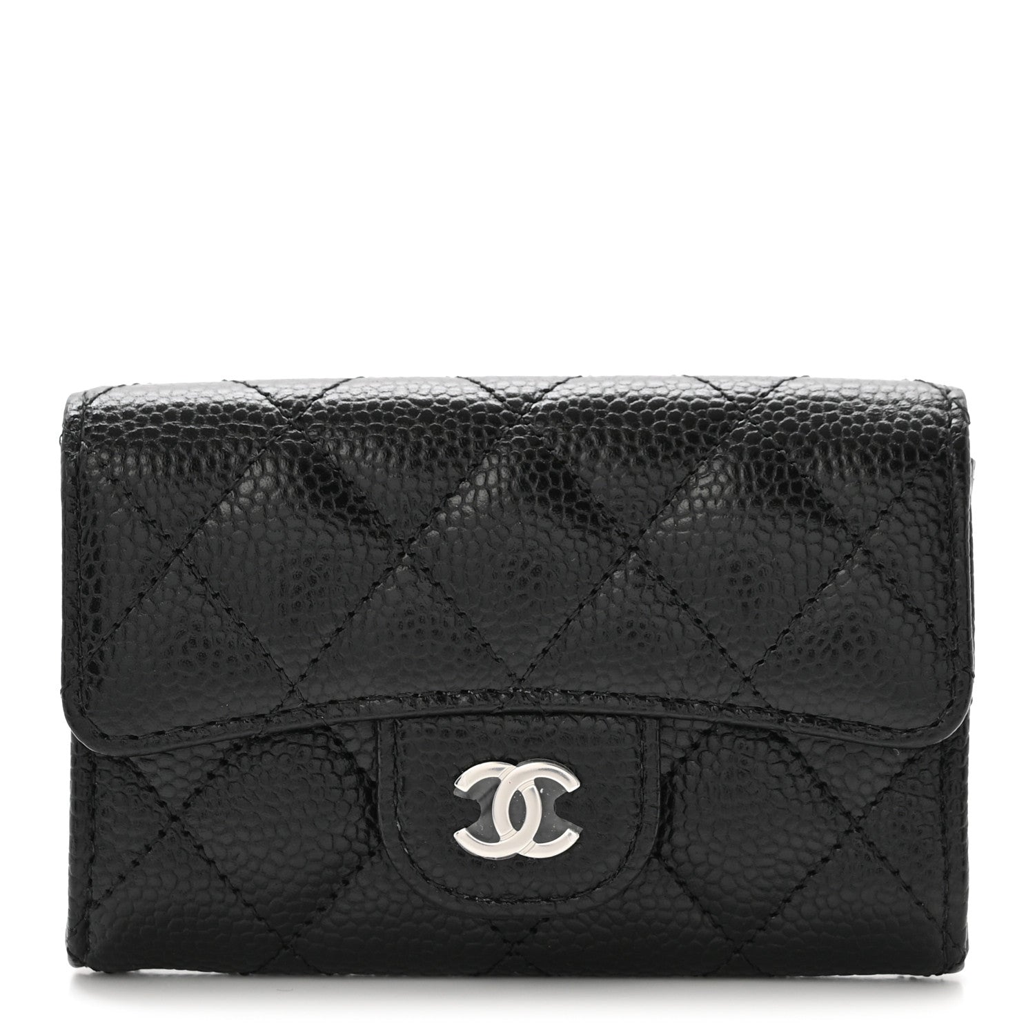 Caviar Quilted Flap Card Holder Wallet Black