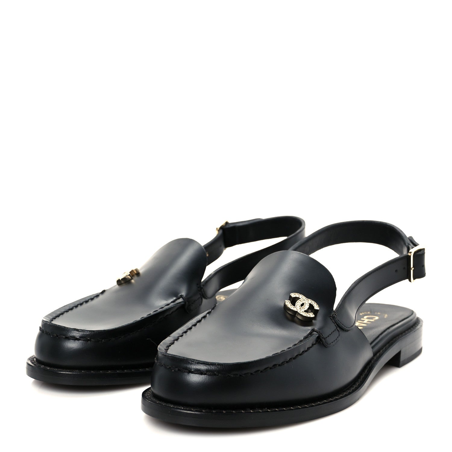 Calfskin Crystal Slingback Loafers 36 Black