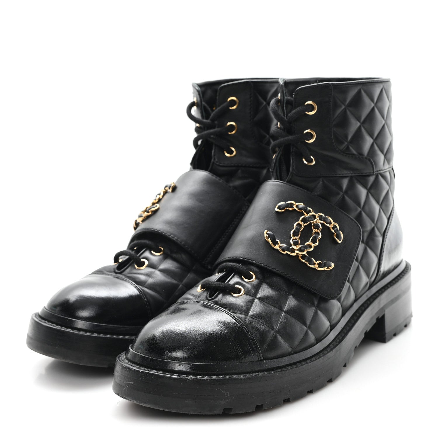 Shiny Calfskin Quilted Lace Up Combat Boots 38.5 Black