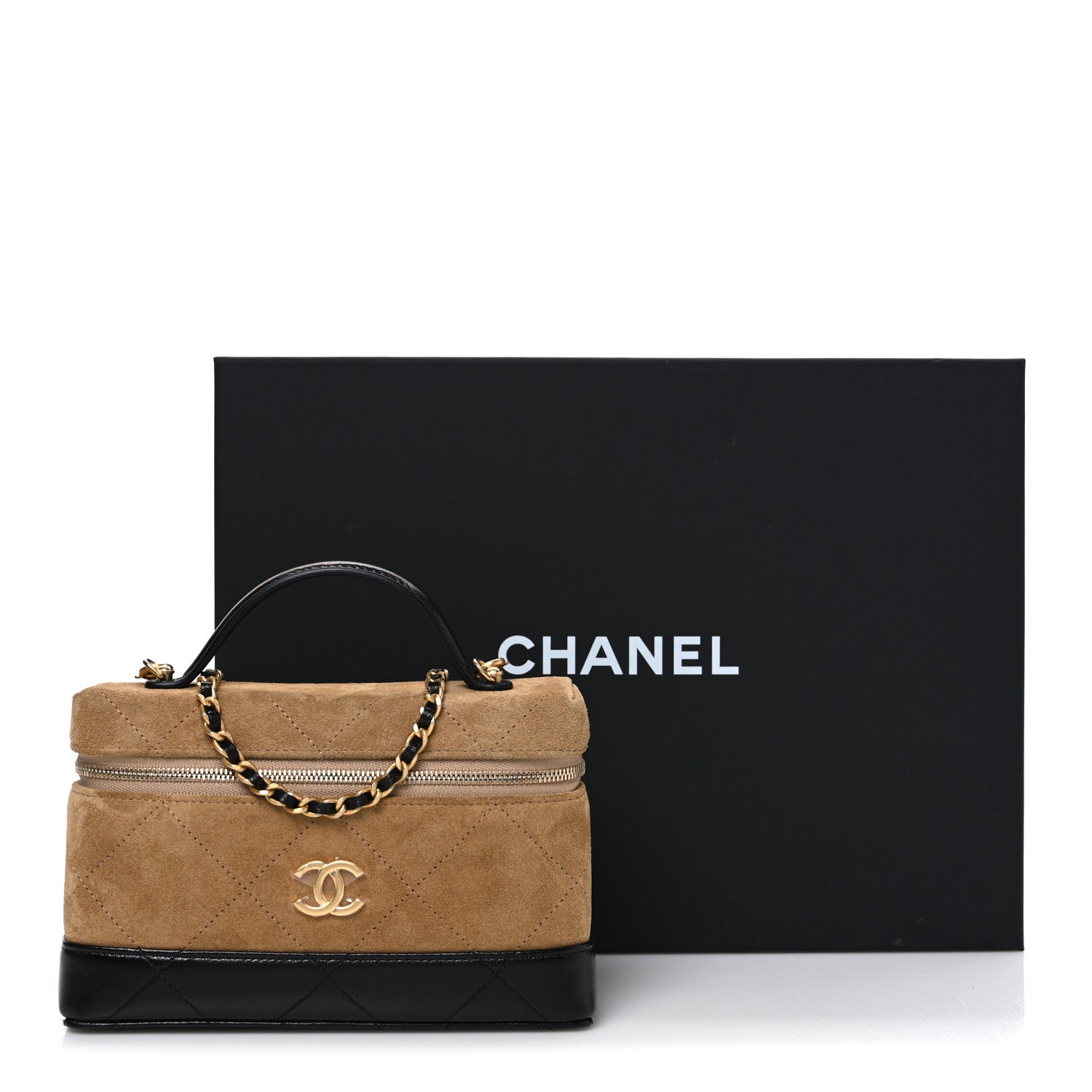 Suede Calfskin Shiny Lambskin Stitched Top Handle Slim Vanity Case With Chain Beige Black