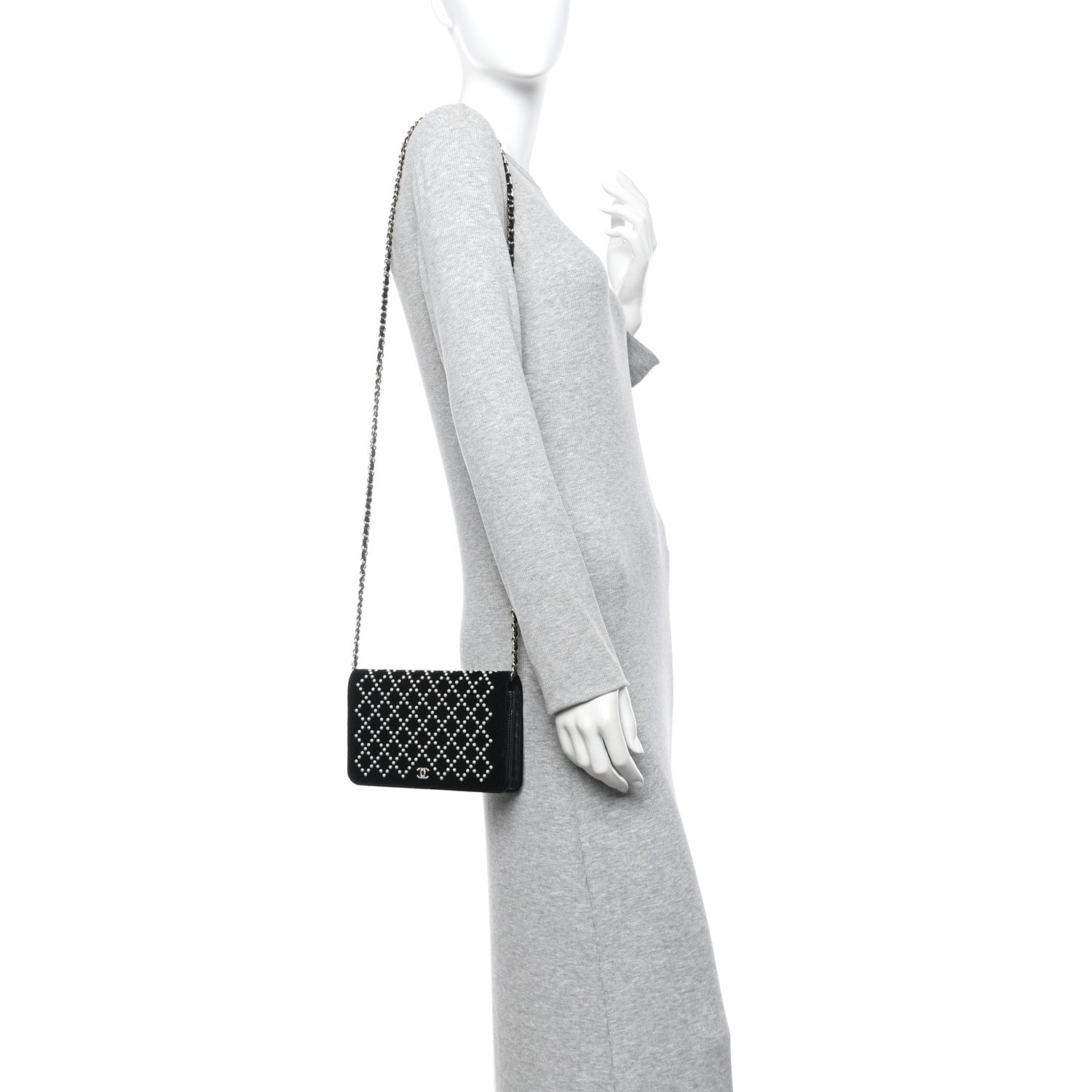 Velvet Pearl Diamond Embellished Wallet On Chain WOC Black
