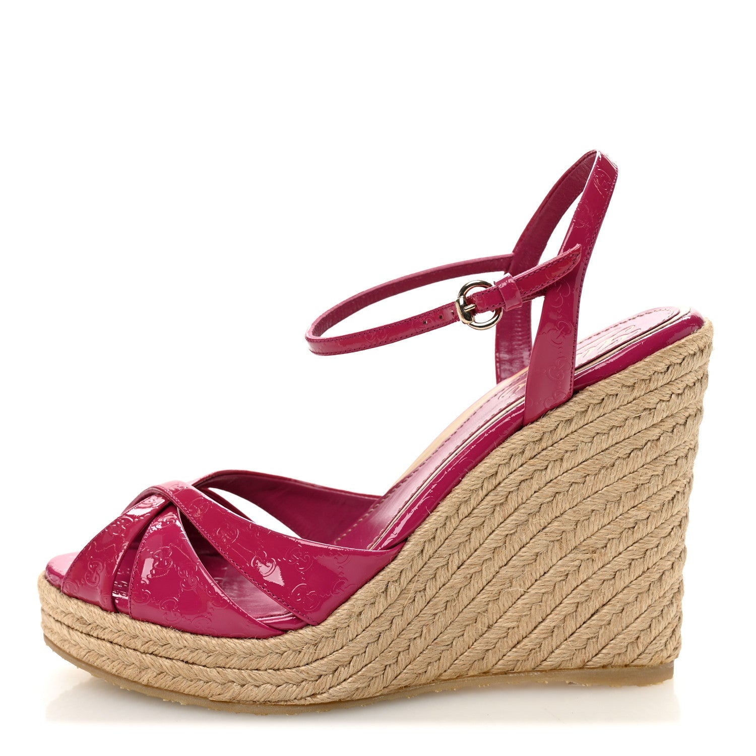 Patent Microguccissima Penelope Espadrille Wedge Sandals 37  Bright Bouganville