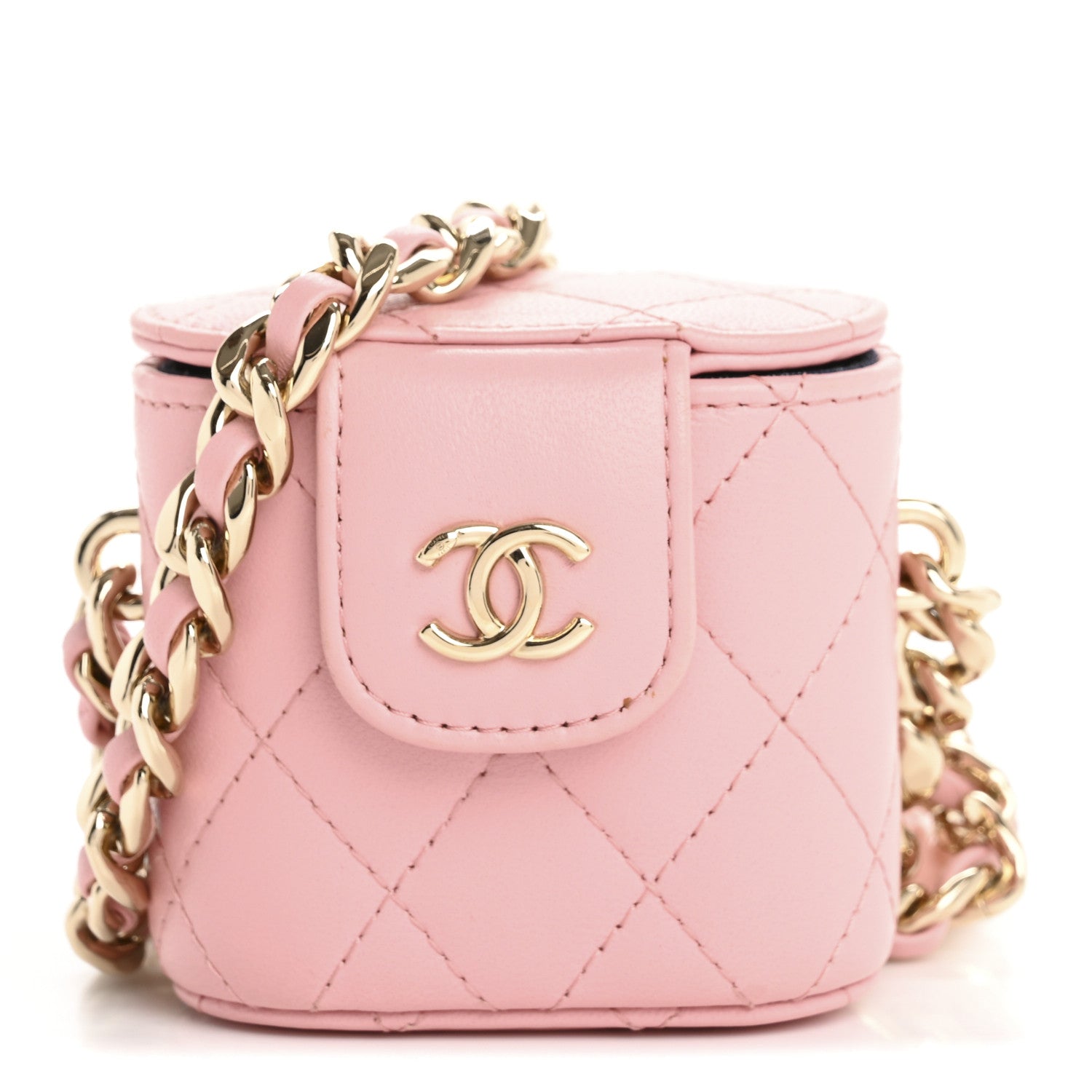 Lambskin Quilted Resin Elegant Chain Mini Vanity Case  Pink