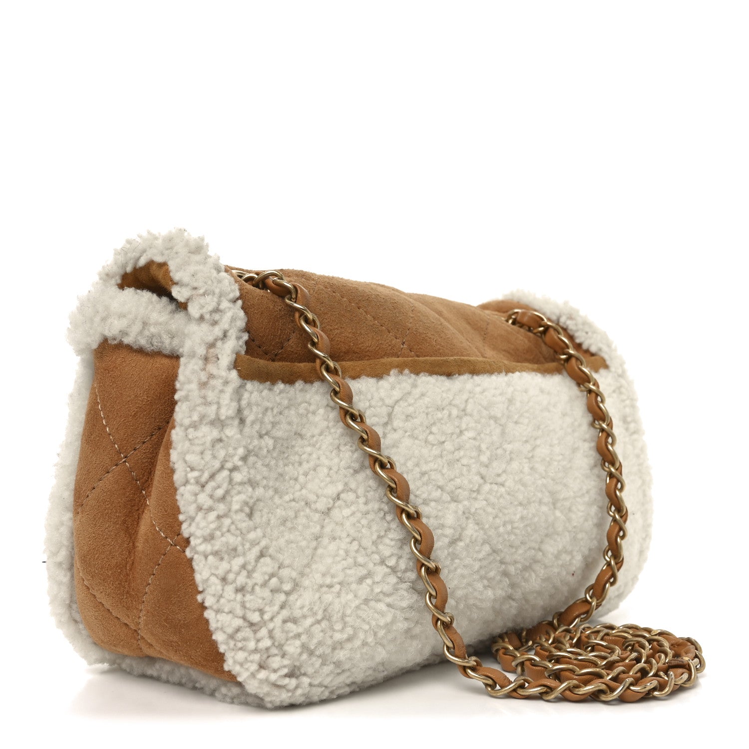 Shearling Lambskin Quilted Medium Coco Neige Single Flap Beige