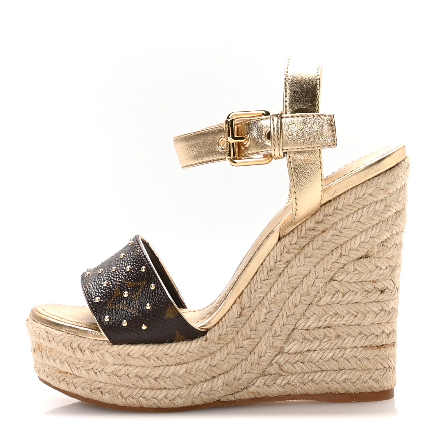 Metallic Monogram Calfskin Studded Wedge Sandals 35 Gold