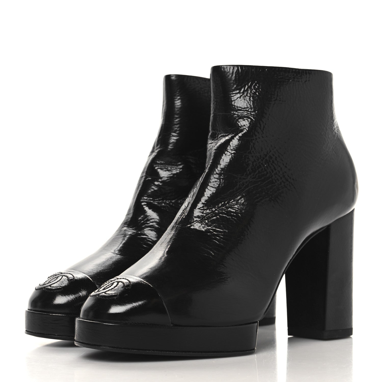 Shiny Crumpled Calfskin CC Cap Toe Ankle Boots 35.5 Black