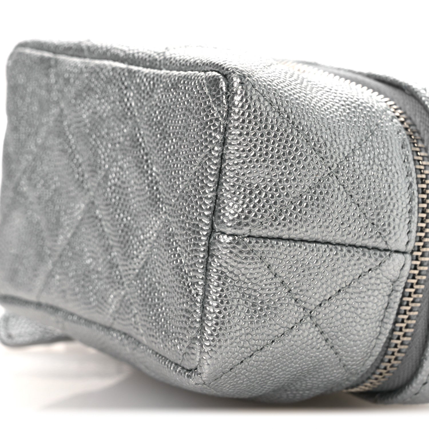 Metallic Caviar Quilted Mini Top Handle Vanity With Chain Silver