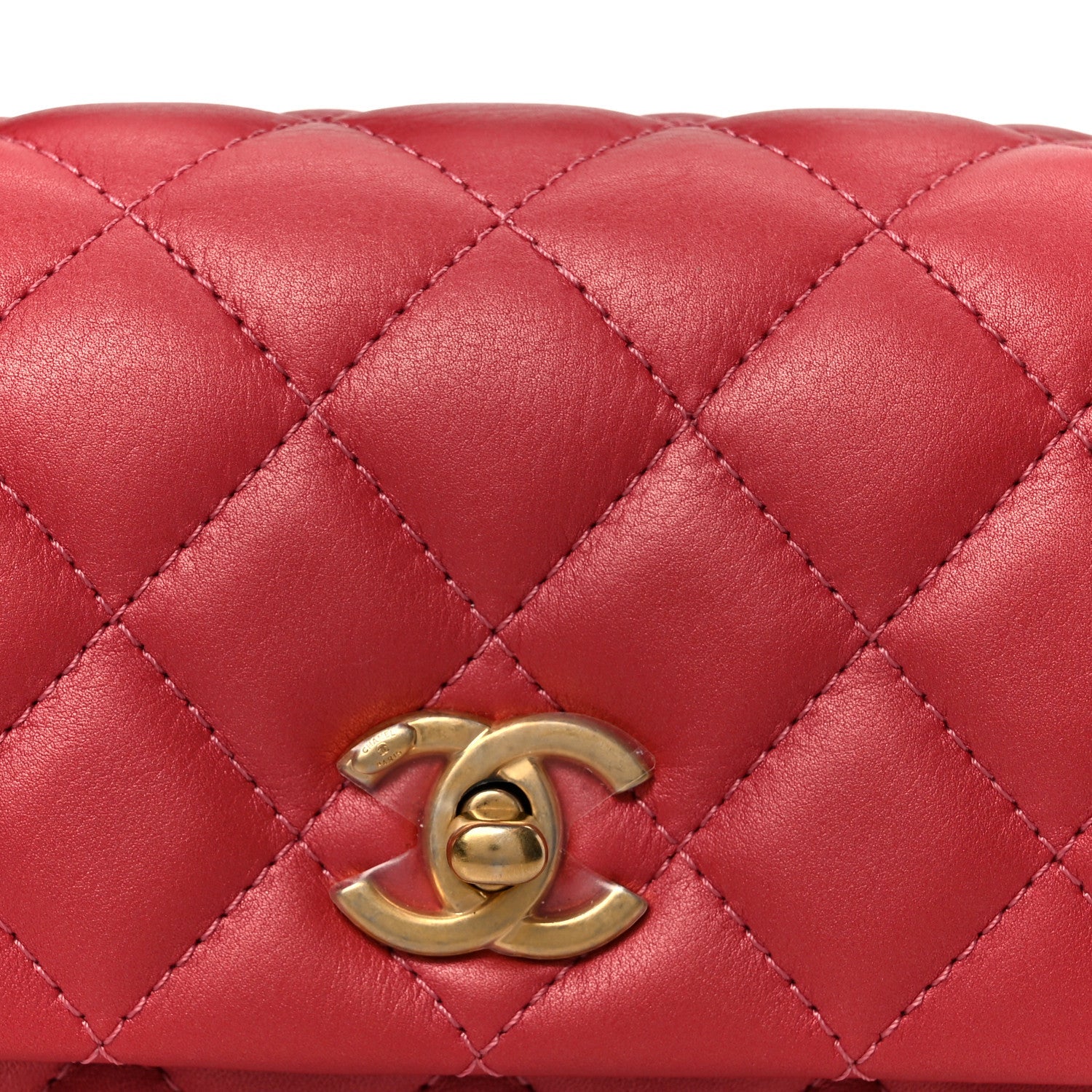 Metallic Calfskin Quilted Top Handle Flap Dark Pink