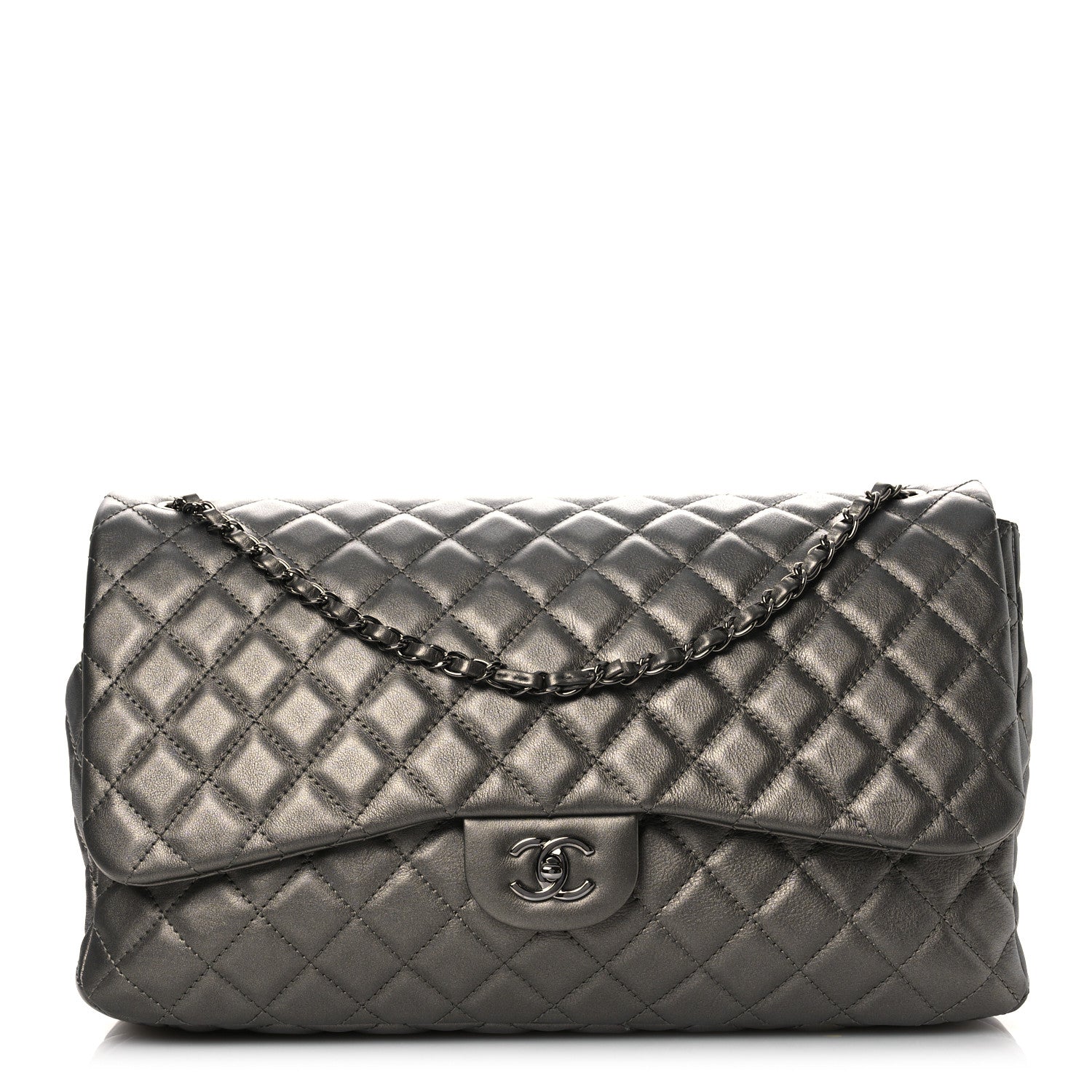 Metallic Lambskin Quilted XXL Travel Flap Bag  Dark Grey