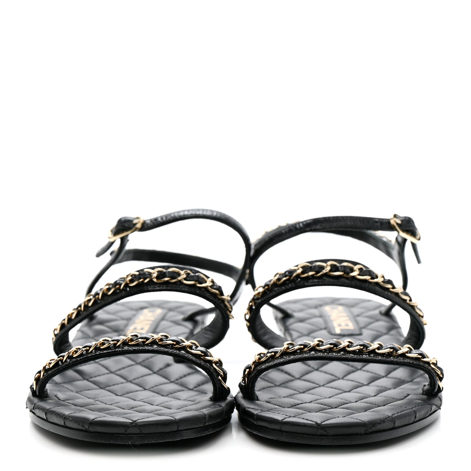 Crumpled Calfskin Chain Sandals 38 Black